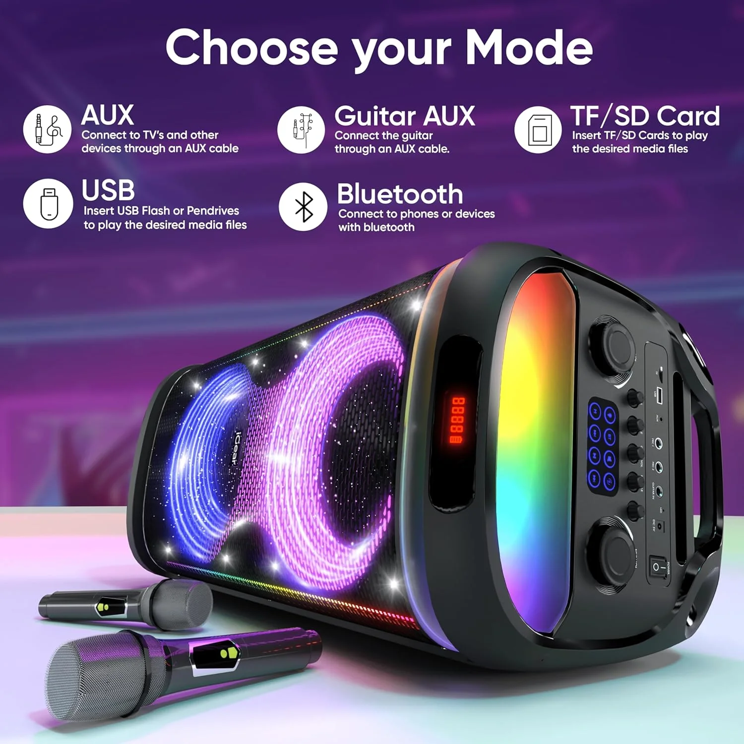 iGear X-Bass 160 Ultimate 160W Portable Bluetooth Party Speaker with Dual Bass Radiators, 2 Wireless Karaoke Mics, Mesmerizing RGB Lights, TWS Mode, USB, TF/SD Card & AUX Input, Remote Control - Black - Image 6
