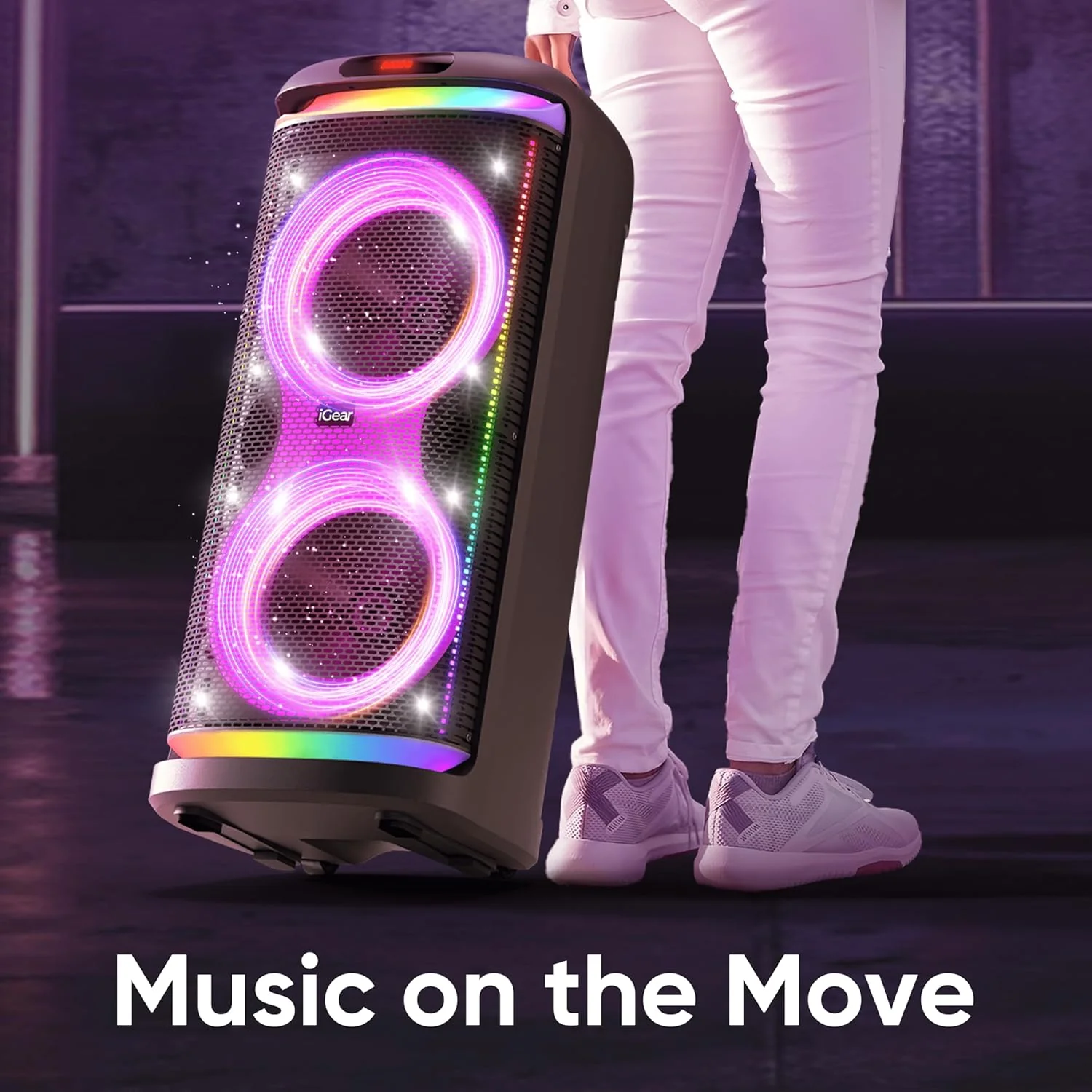 iGear X-Bass 160 Ultimate 160W Portable Bluetooth Party Speaker with Dual Bass Radiators, 2 Wireless Karaoke Mics, Mesmerizing RGB Lights, TWS Mode, USB, TF/SD Card & AUX Input, Remote Control - Black - Image 8