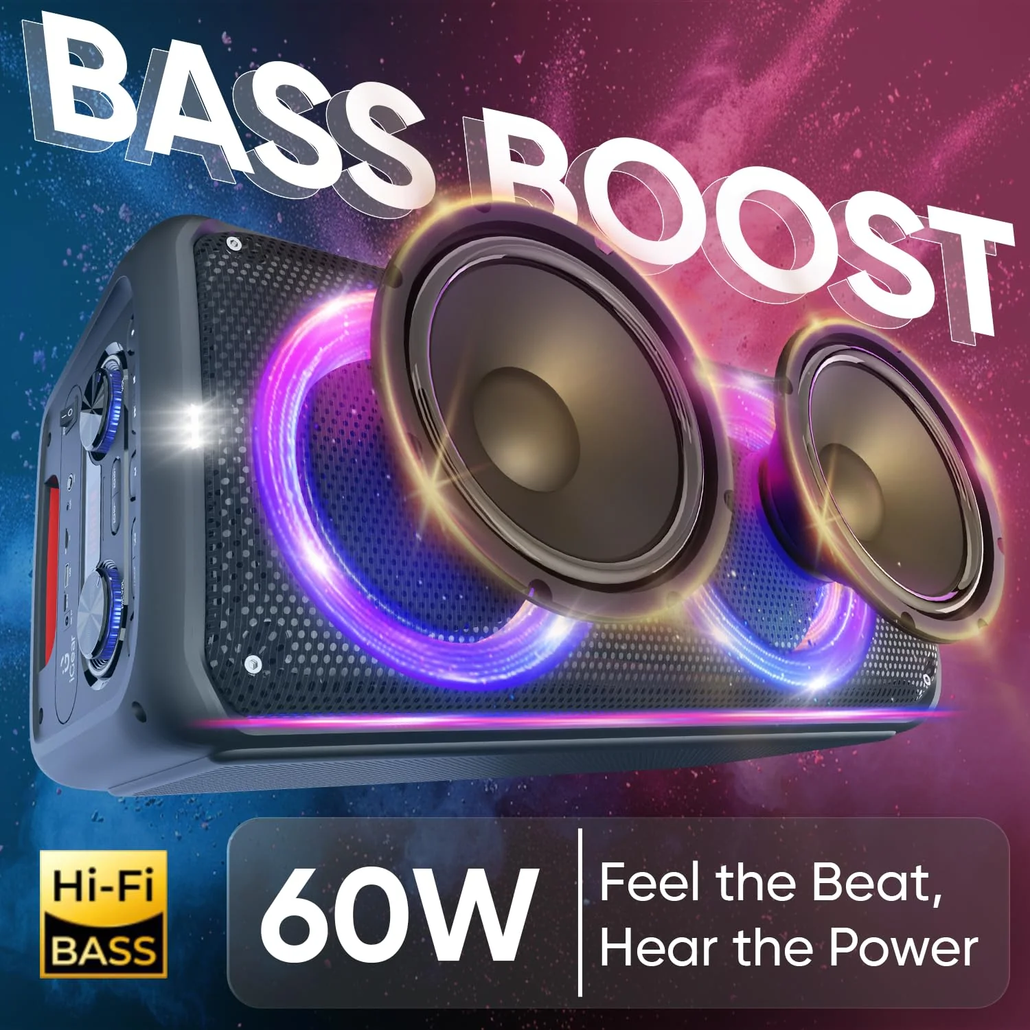 iGear X-Bass 60 Ultimate 60W Portable Bluetooth Party Speaker with Dual Bass Radiators, Rechargeable Karaoke Mic, Mesmerizing RGB Lights, TWS Mode, USB, TF/SD Card & AUX Input, Remote Control (Black) - Image 3