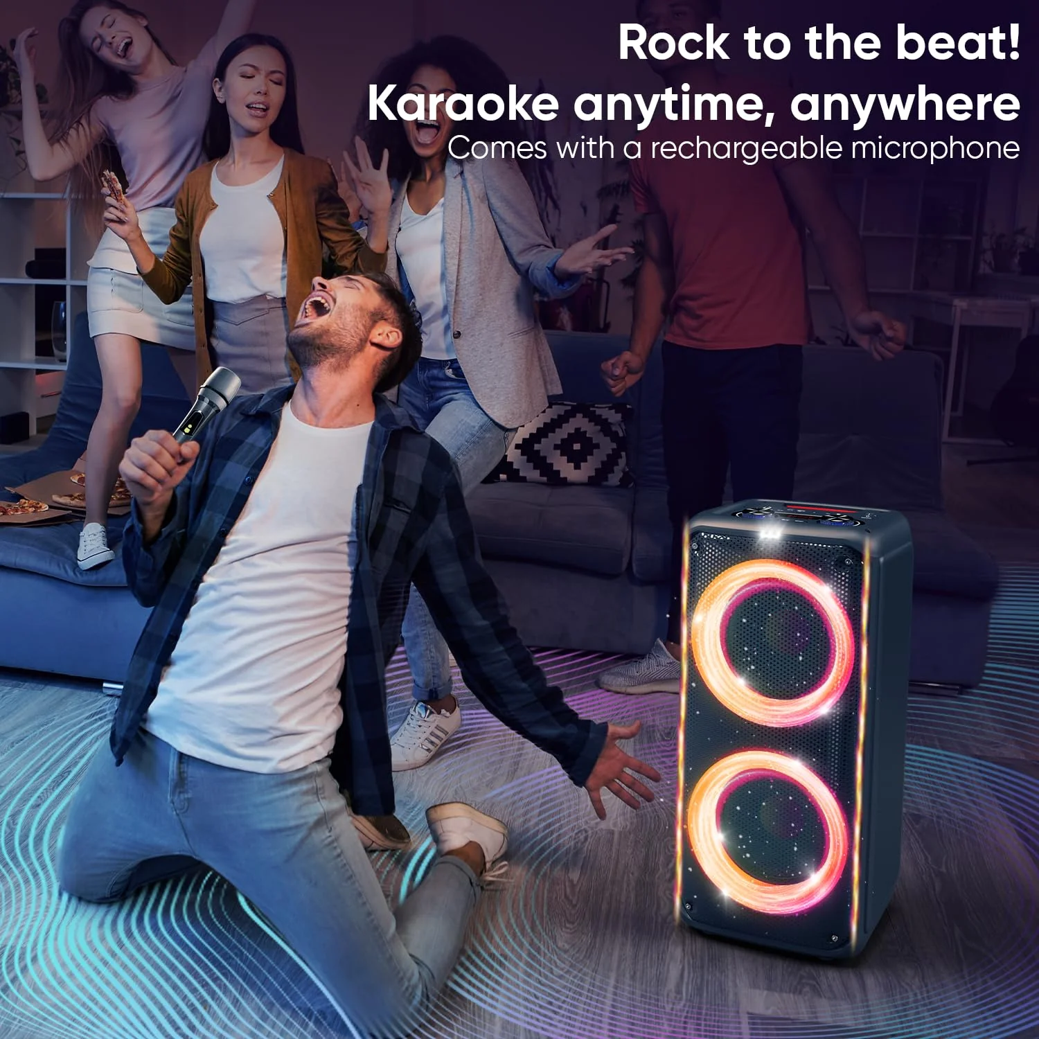 iGear X-Bass 60 Ultimate 60W Portable Bluetooth Party Speaker with Dual Bass Radiators, Rechargeable Karaoke Mic, Mesmerizing RGB Lights, TWS Mode, USB, TF/SD Card & AUX Input, Remote Control (Black) - Image 4