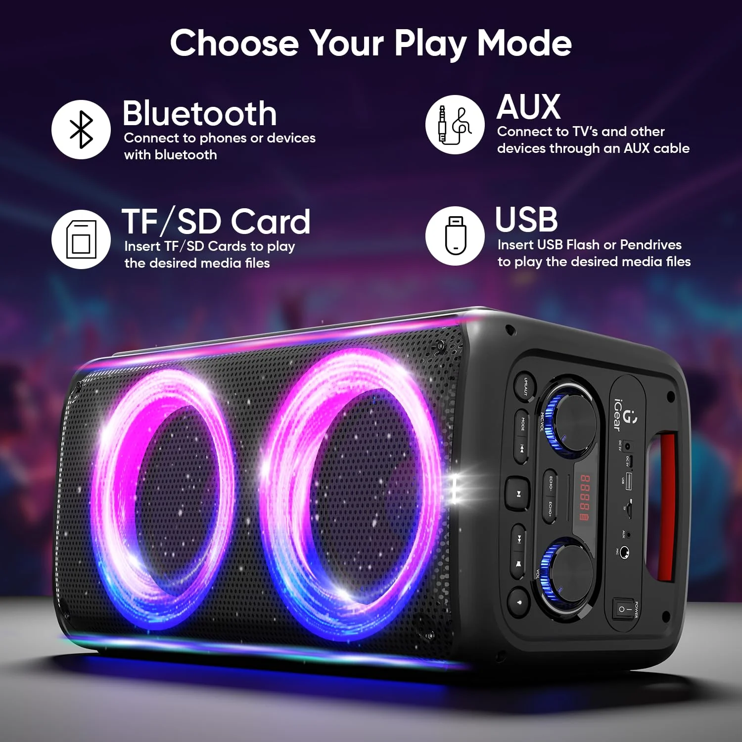 iGear X-Bass 60 Ultimate 60W Portable Bluetooth Party Speaker with Dual Bass Radiators, Rechargeable Karaoke Mic, Mesmerizing RGB Lights, TWS Mode, USB, TF/SD Card & AUX Input, Remote Control (Black) - Image 5