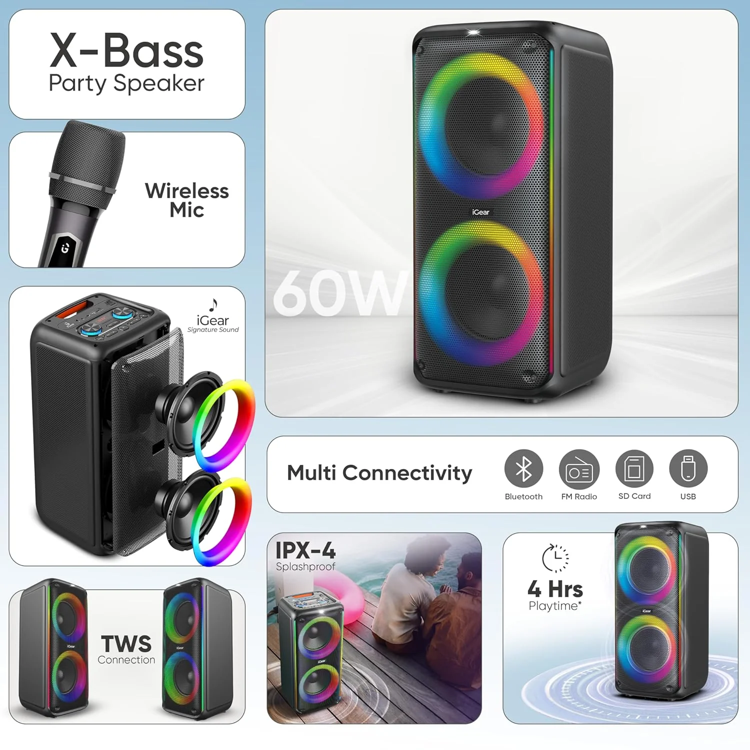 iGear X-Bass 60 Ultimate 60W Portable Bluetooth Party Speaker with Dual Bass Radiators, Rechargeable Karaoke Mic, Mesmerizing RGB Lights, TWS Mode, USB, TF/SD Card & AUX Input, Remote Control (Black) - Image 8