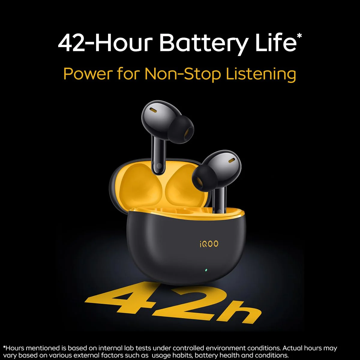 iQOO TWS 1e in-Ear Earbuds with Mic, Upto 30dB Active Noise Cancellation, Fast Charging which Takes 10 mins for 3 Hours Playtime, with Upto 42 hrs Playback time (Flame Yellow) - Image 3