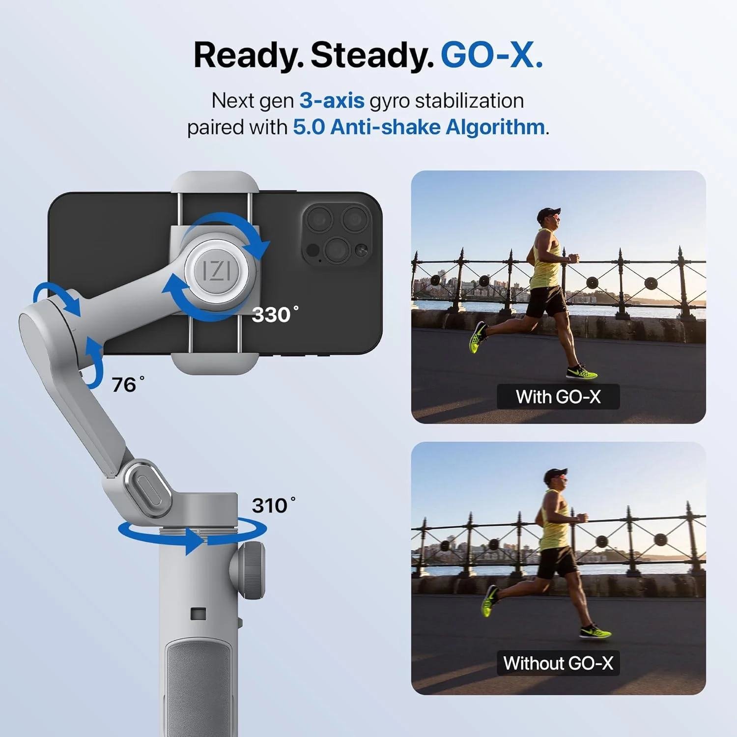 IZI GO-X Mobile Handheld Gimbal Stabiliser, 3-Axis, OLED Display, LED Fill Light, Wireless Charge Pad, Android, iPhone, Live Video, Instagram, YouTube, Shot Guide, Smart AI Track, Portable Gimbal. - Image 4
