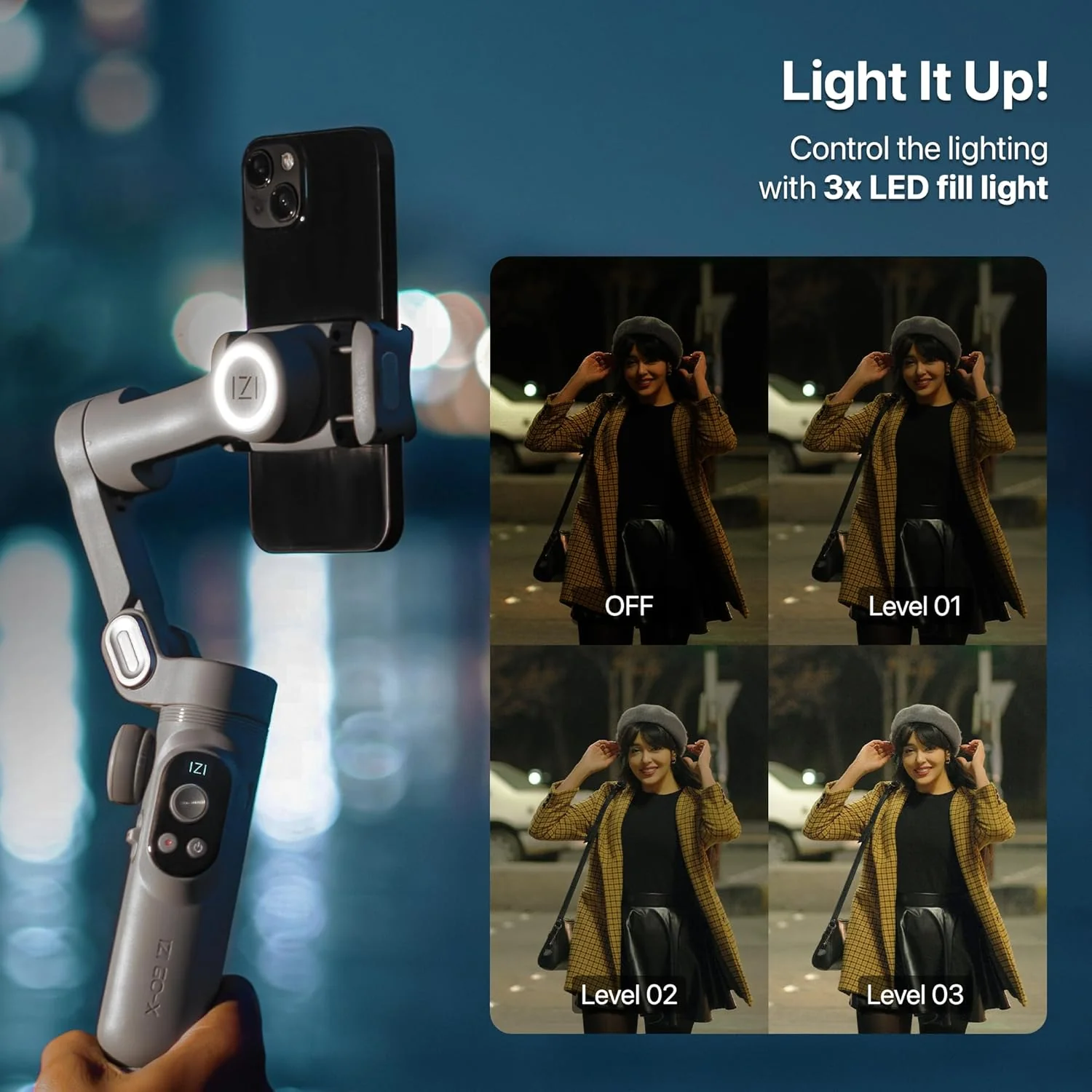 IZI GO-X Mobile Handheld Gimbal Stabiliser, 3-Axis, OLED Display, LED Fill Light, Wireless Charge Pad, Android, iPhone, Live Video, Instagram, YouTube, Shot Guide, Smart AI Track, Portable Gimbal. - Image 9