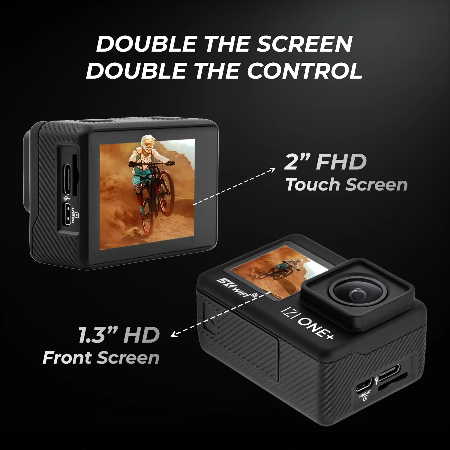 IZI ONE Plus 5K 48MP Action Camera - 6-Axis Gyro Stabilization, 110ft Waterproof, Vlogging, 170° FOV, WiFi, Dual Touch Screen Video Camera, 2X 1350mAh Batteries, Fast C-Type Charge HQ External Mic - Image 3