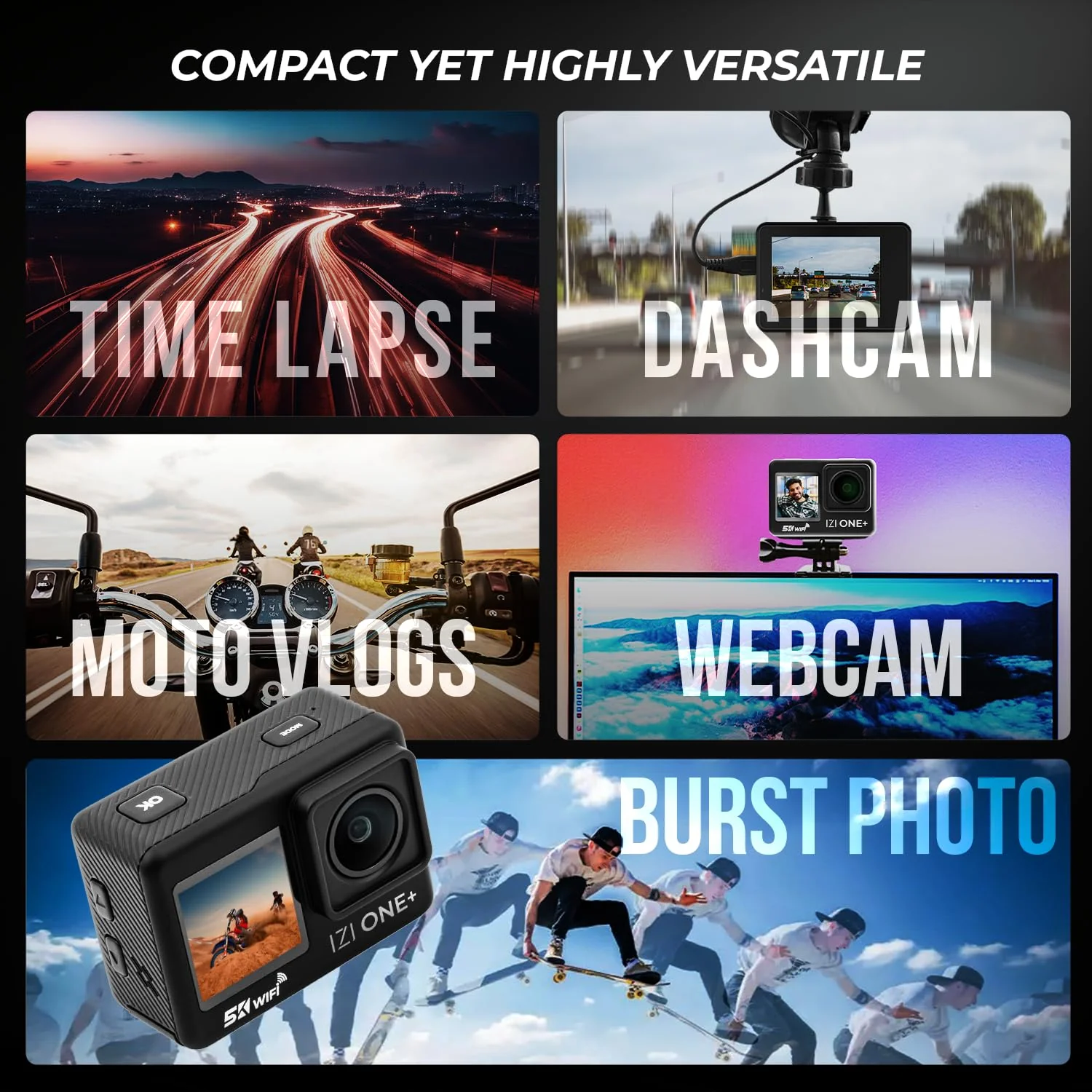 IZI ONE Plus 5K 48MP Action Camera - 6-Axis Gyro Stabilization, 110ft Waterproof, Vlogging, 170° FOV, WiFi, Dual Touch Screen Video Camera, 2X 1350mAh Batteries, Fast C-Type Charge HQ External Mic - Image 4