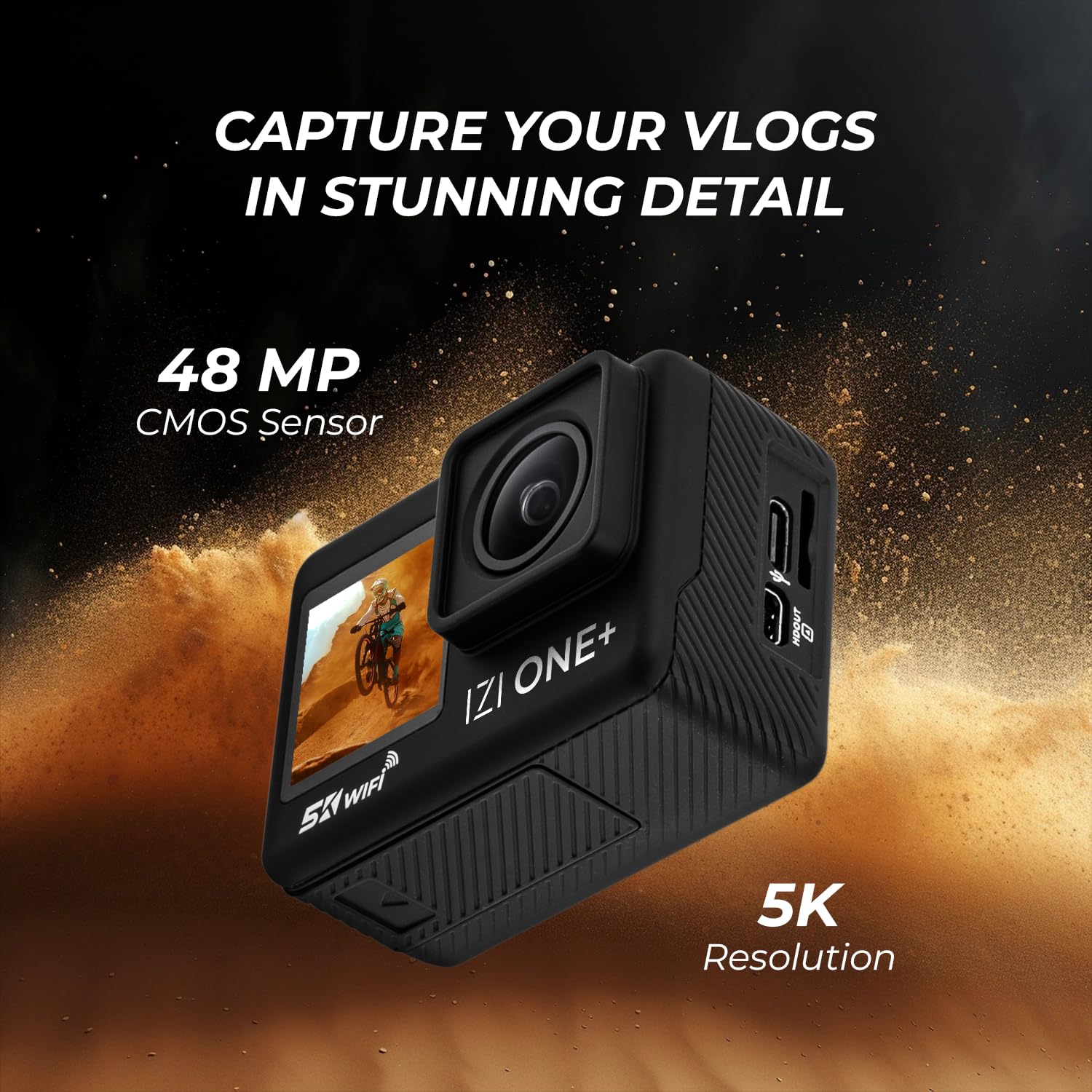 IZI ONE Plus 5K 48MP Action Camera - 6-Axis Gyro Stabilization, 110ft Waterproof, Vlogging, 170° FOV, WiFi, Dual Touch Screen Video Camera, 2X 1350mAh Batteries, Fast C-Type Charge HQ External Mic - Image 5