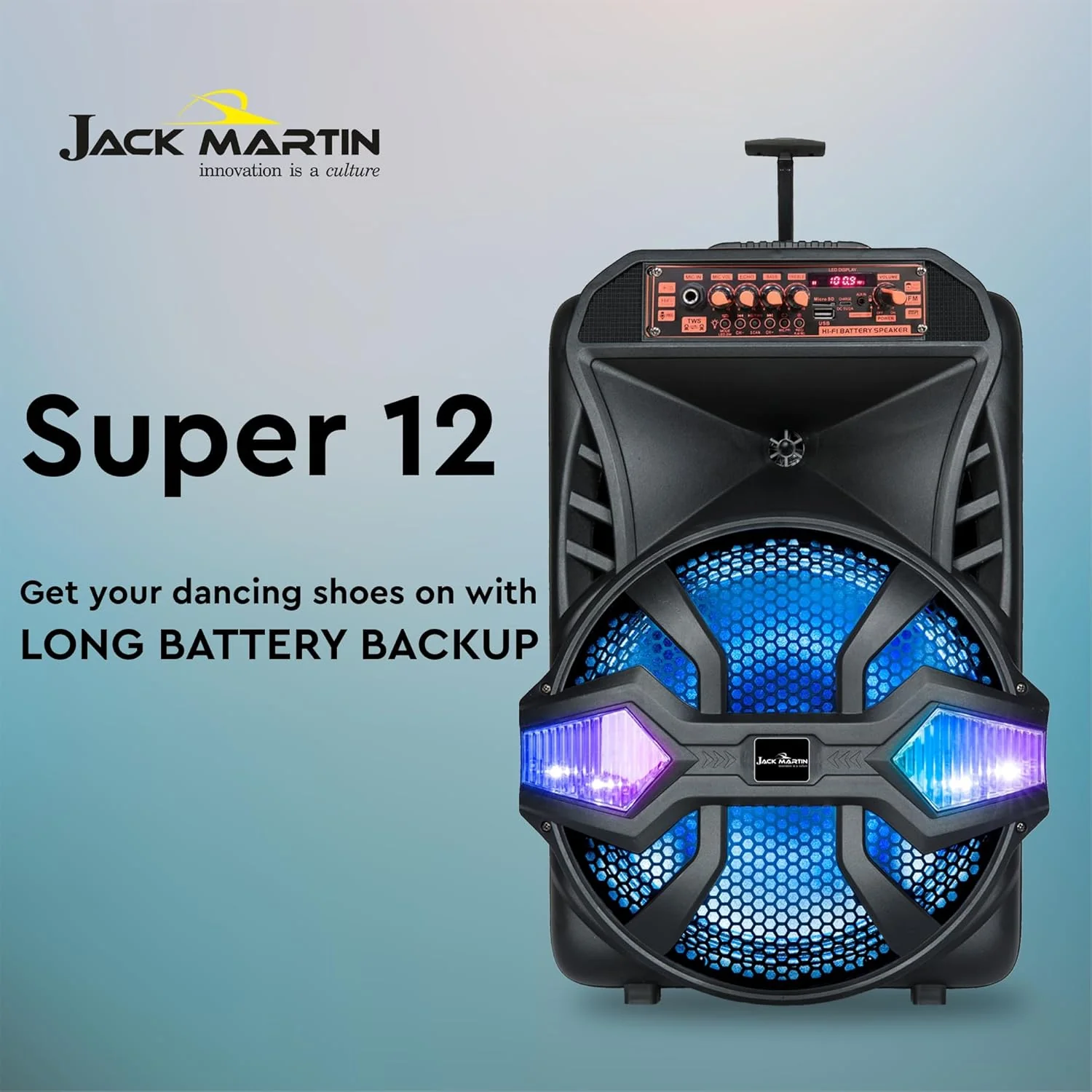 JACK MARTIN Super 12 | 12" SUBWOOFER |Karaoke| Portable| AUX FM USB| RGB Lights| RMS 55 W Bluetooth Party Speaker (Black, Stereo Channel) - Image 2