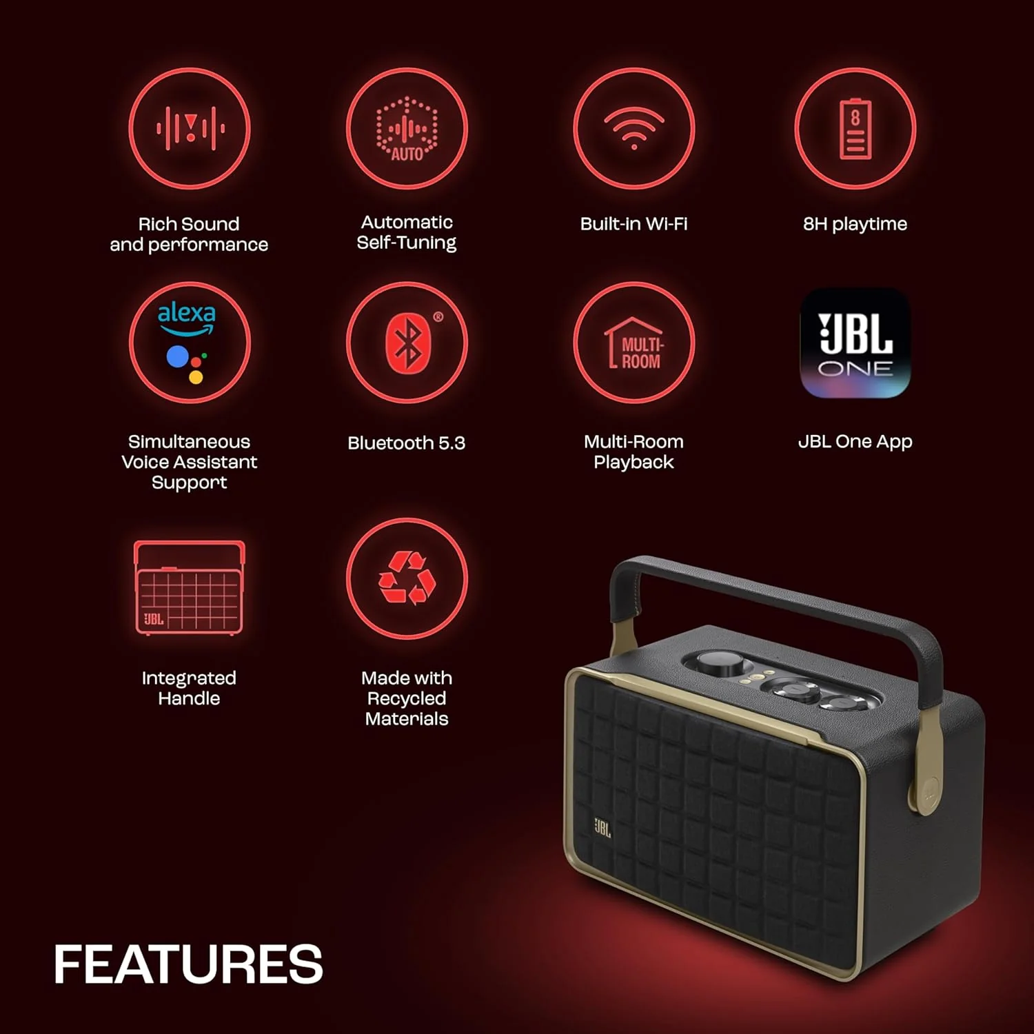 JBL Authentics 300, Portable Smart Home Wifi Speaker & Music Streaming,Upto 8Hrs Playtime, Voice Assist & Bluetooth Connectivity,Automatic Calibration,Compatible with Google Home & Alexa, Retro Design - Image 2
