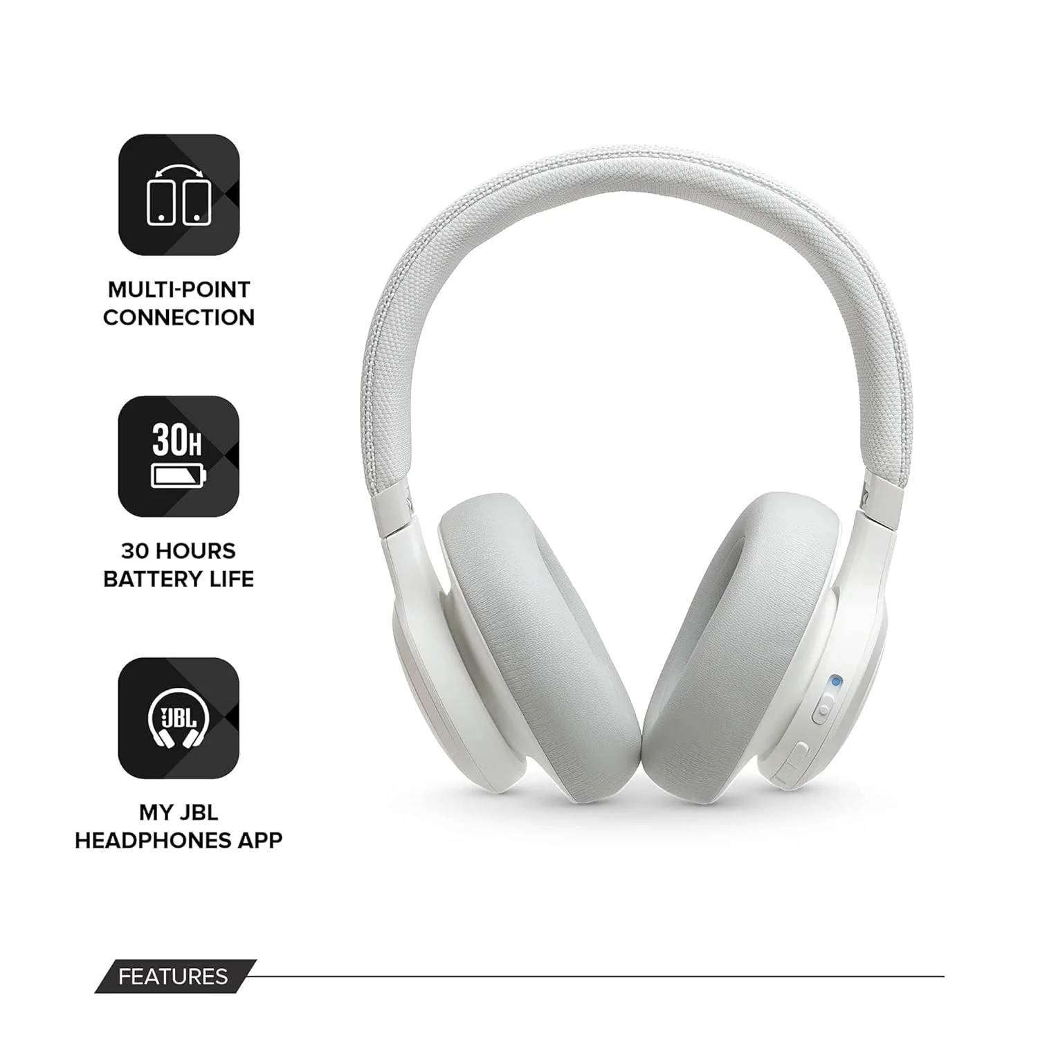 JBL Live 650BTNC, Over Ear Active Noise Cancelling Headphones with Mic, Signature Sound, Quick Charge, Dual Pairing, AUX, Built-in Alexa and Google Assistant (White, Wireless) - Image 2