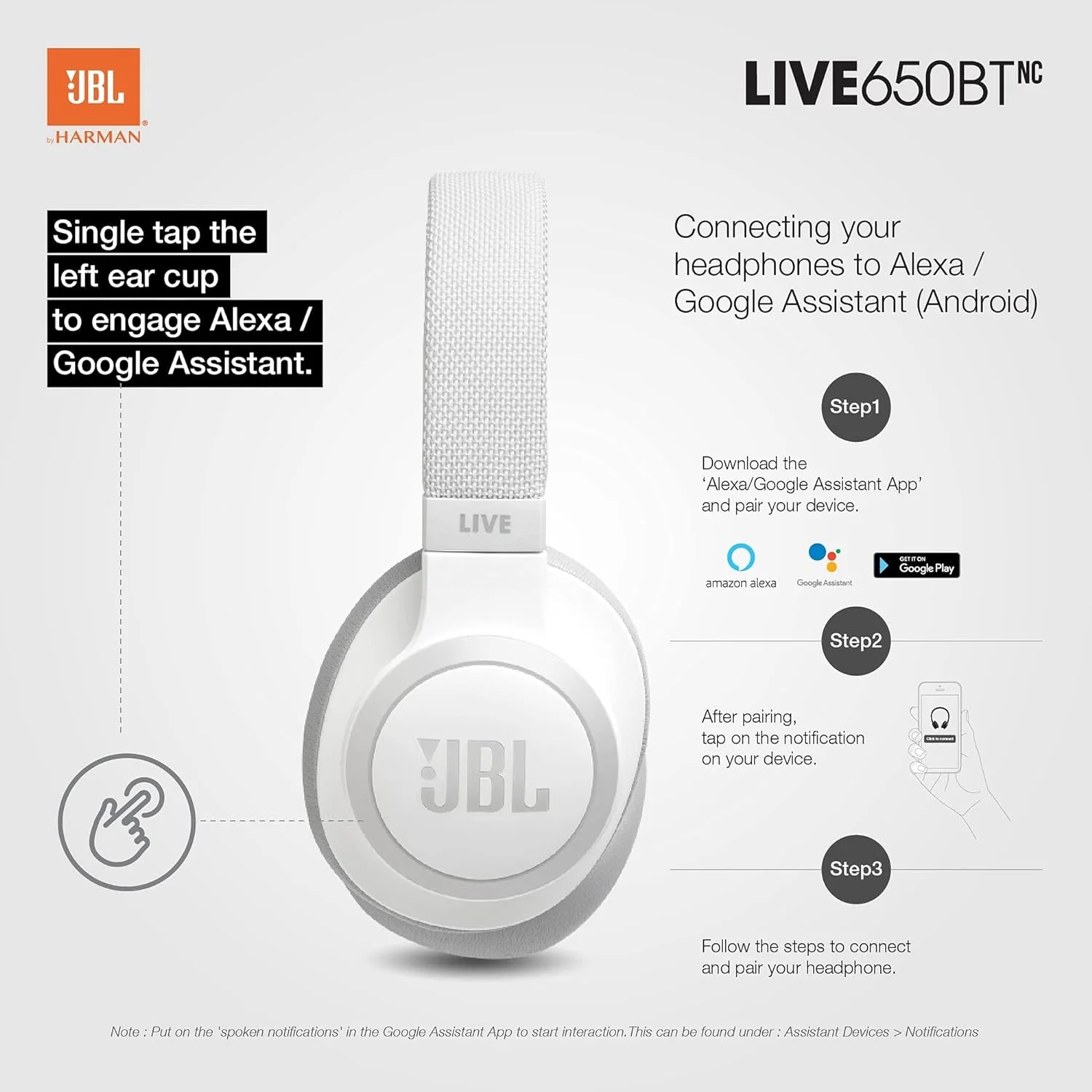 JBL Live 650BTNC, Over Ear Active Noise Cancelling Headphones with Mic, Signature Sound, Quick Charge, Dual Pairing, AUX, Built-in Alexa and Google Assistant (White, Wireless) - Image 5