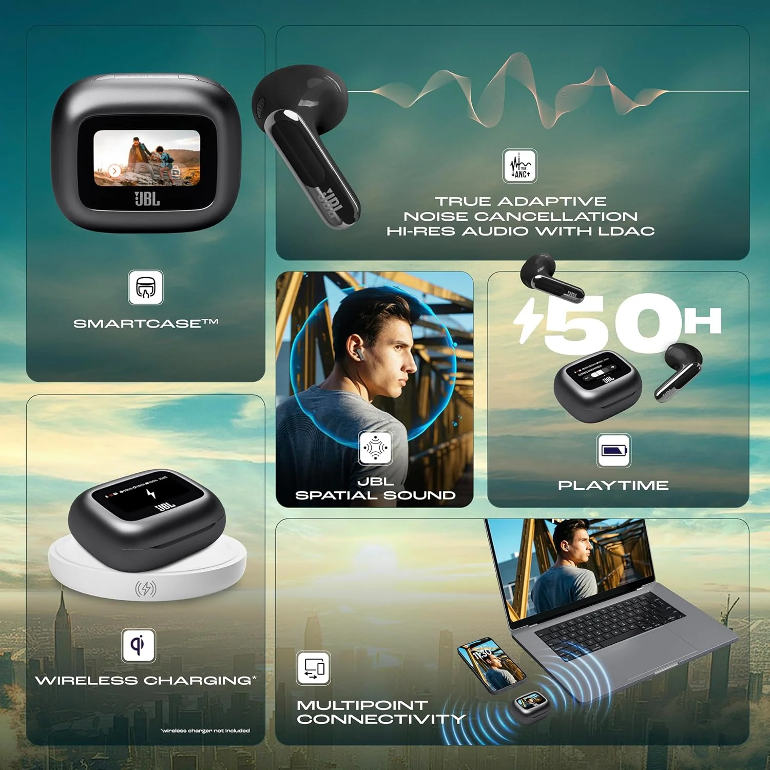 JBL New Launch Live Flex 3 TWS, Hi-Res Audio True ANC Earbuds, Smart Case with Touch Display,50H Playtime,Wireless Charging,6 Mic,Multipoint Connection,Ip55 Proof,Headphones App,Personi-Fi 3.0 (Blue) - Image 8