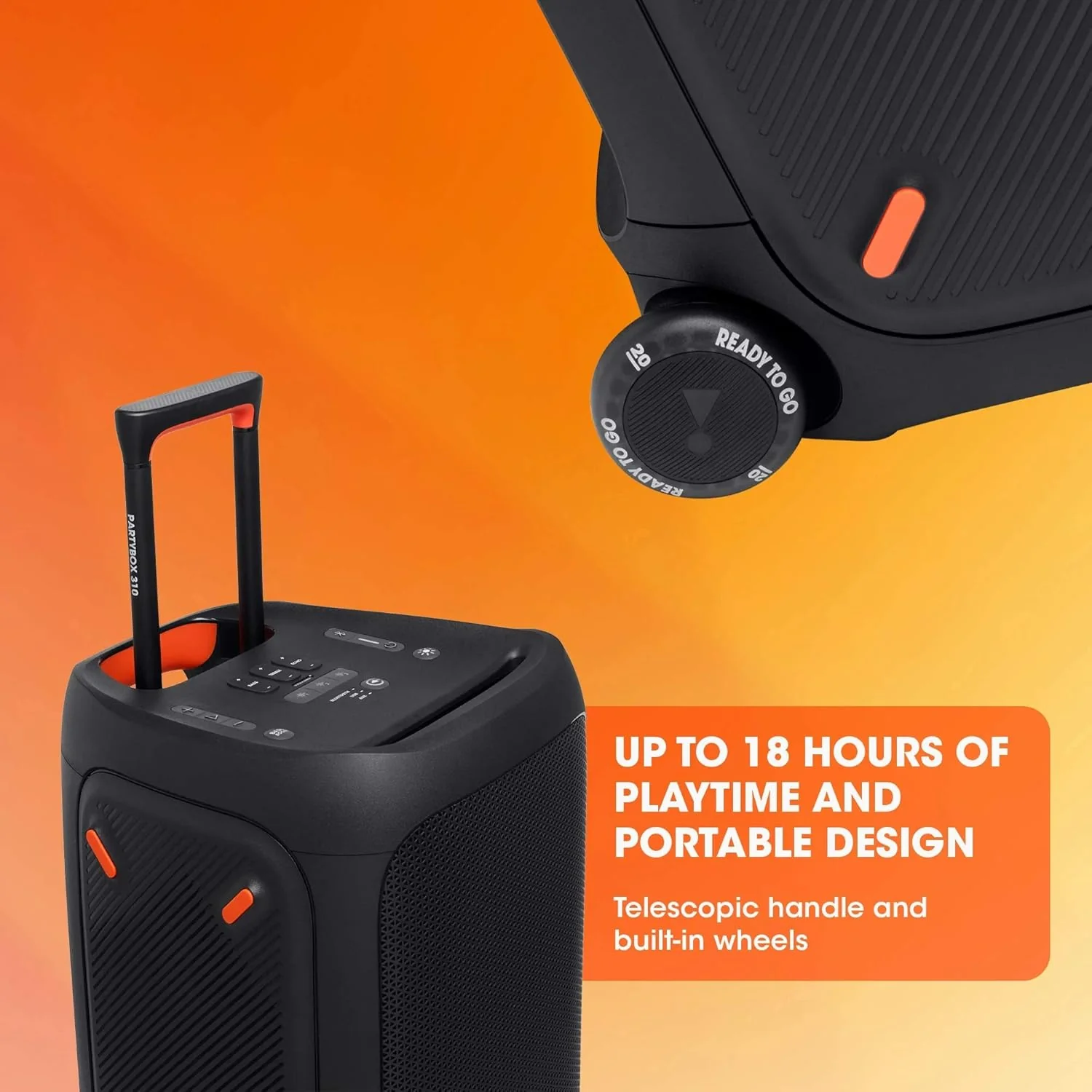 JBL Partybox 310 | Portable Bluetooth Party Speaker | 240W Monstrous Pro Sound | Dynamic Light Show | Backlit Panel | Telescopic Handle & Wheels | Guitar & Mic Support PartyBox App (Black) - Image 6