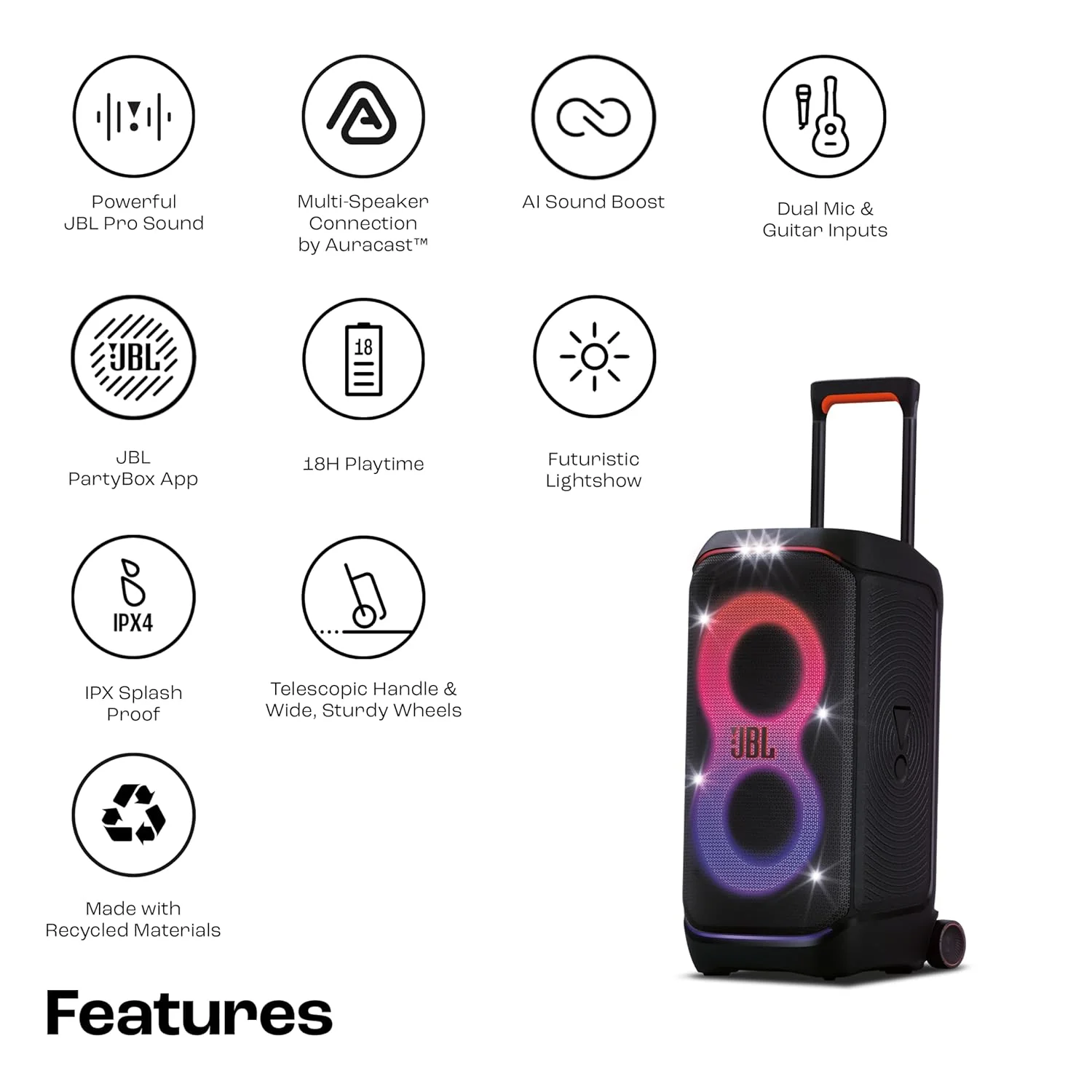 JBL Partybox 320, Portable Bluetooth 240W Party Speaker, AI Sound Boost, Futuristic Light Show, Multispeaker Connection by Auracast, Telescopic Handle & Wheels, Dual Guitar & Mic Inputs (Black) - Image 2