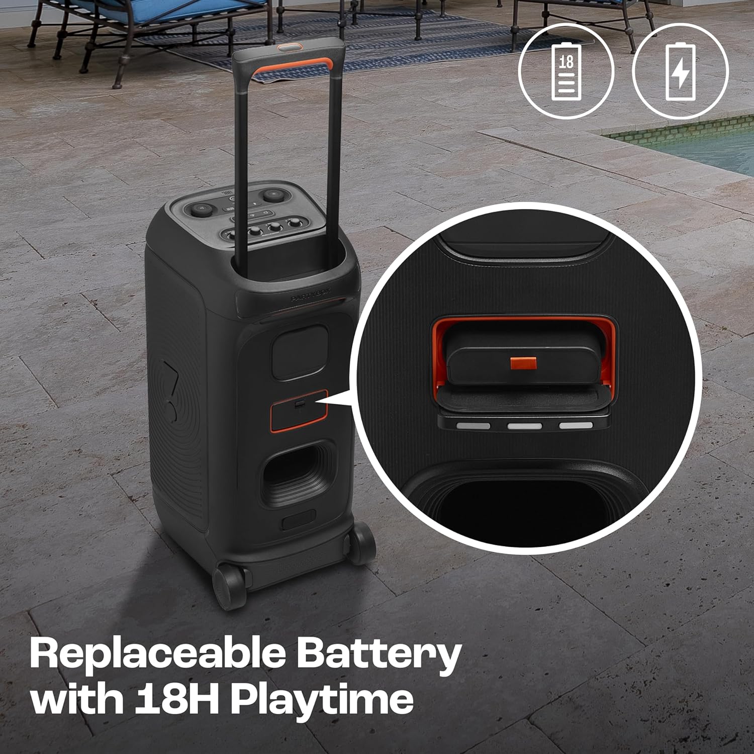 JBL Partybox 320, Portable Bluetooth 240W Party Speaker, AI Sound Boost, Futuristic Light Show, Multispeaker Connection by Auracast, Telescopic Handle & Wheels, Dual Guitar & Mic Inputs (Black) - Image 7