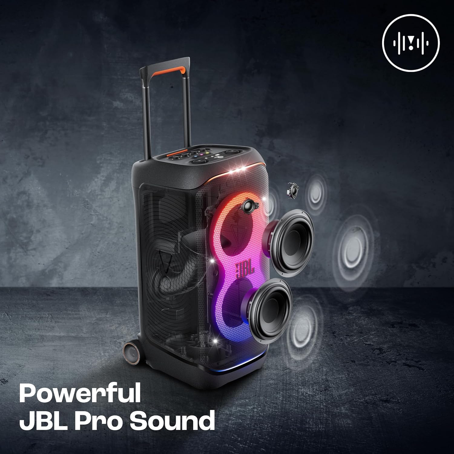 JBL Partybox 320, Portable Bluetooth 240W Party Speaker, AI Sound Boost, Futuristic Light Show, Multispeaker Connection by Auracast, Telescopic Handle & Wheels, Dual Guitar & Mic Inputs (Black) - Image 9