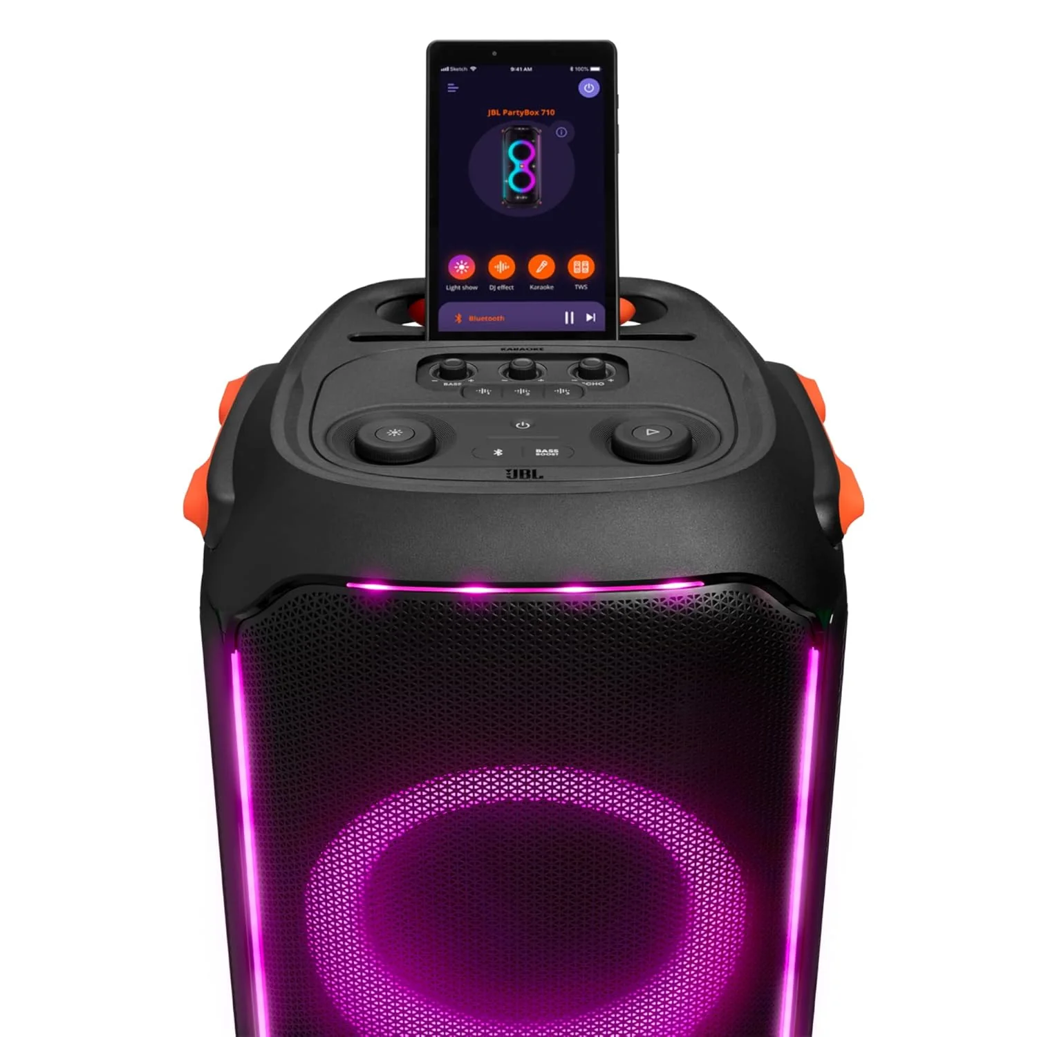 JBL PartyBox 710 Bluetooth Party Speaker with Dynamic Music Synced Flashing Club Pattern Lightshow, Pro Sound, Splashproof, PartyBox App Personalisation,Guitar and Mic Input(800 Watt RMS, Black) - Image 8