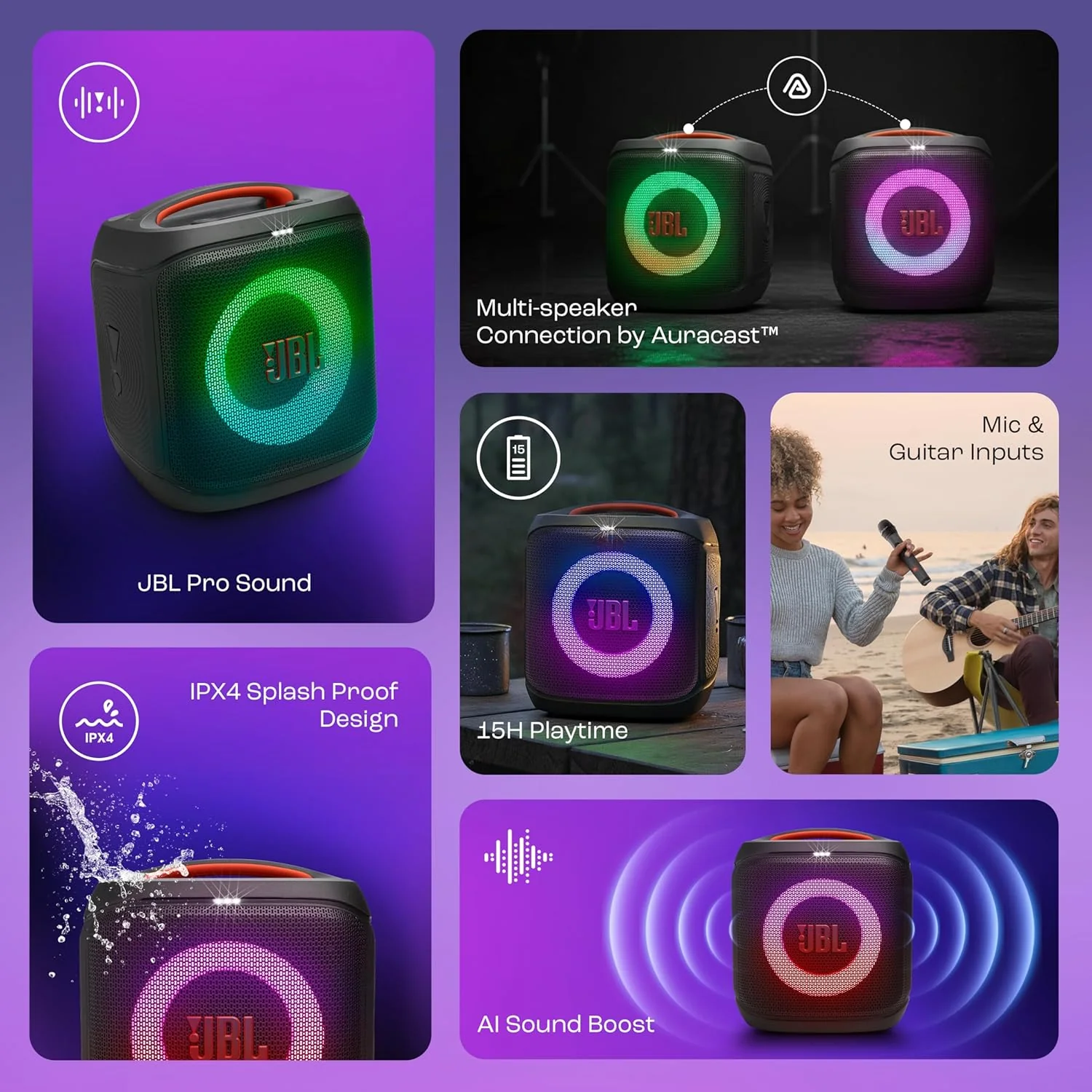JBL Partybox Encore Essential 2 Wireless Bluetooth Party Speaker, AI Sound Boost, Dynamic Light Show, Upto 15Hrs Playtime, Multi-Speaker Connection by Auracast, Guitar & Mic Inputs, PartyBox App-Black - Image 4