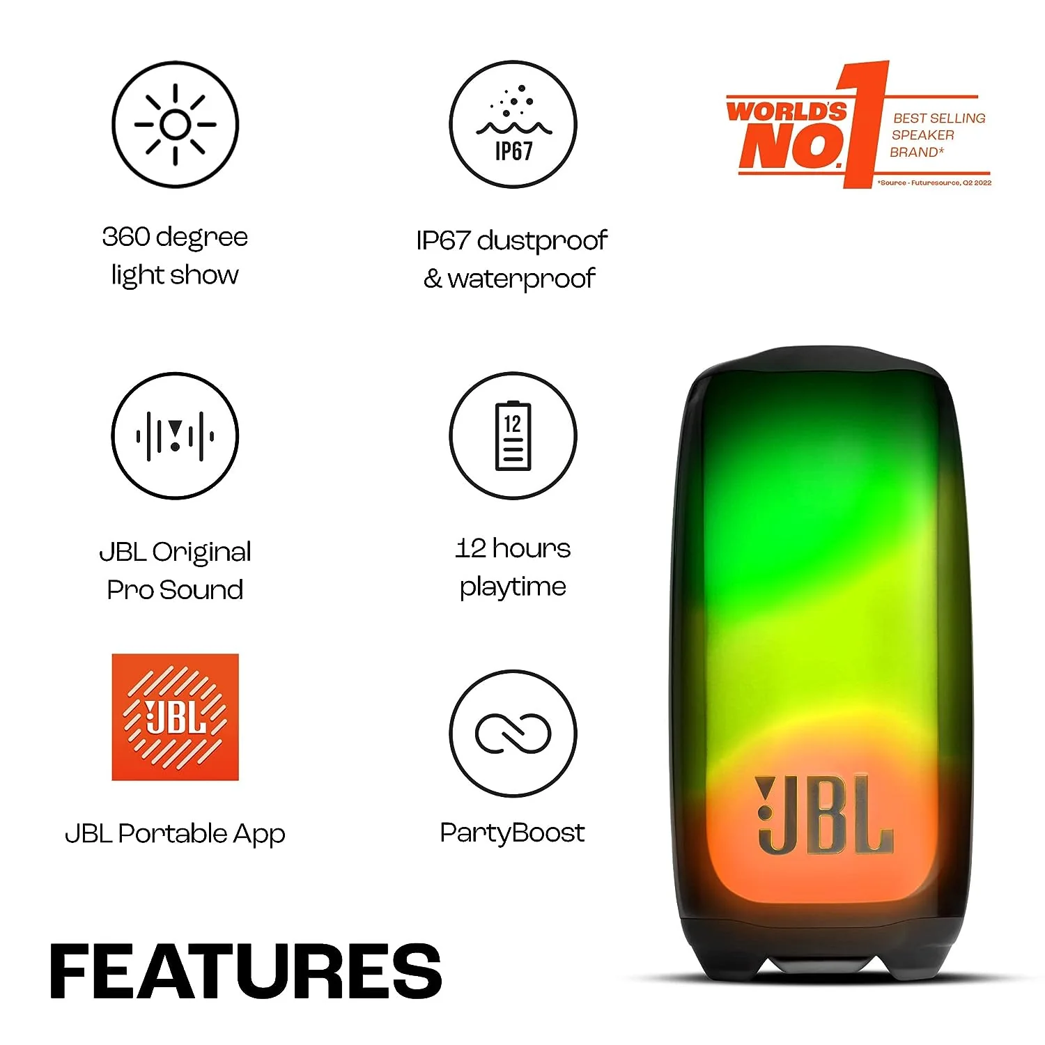JBL Pulse 5, Wireless Portable Bluetooth Speaker, 40 Watt, Customized 360° Lightshow Portable App, Pro Sound, Deep Bass, 12 Hours Playtime, PartyBoost, IP67 Waterproof & Dustproof - Image 8