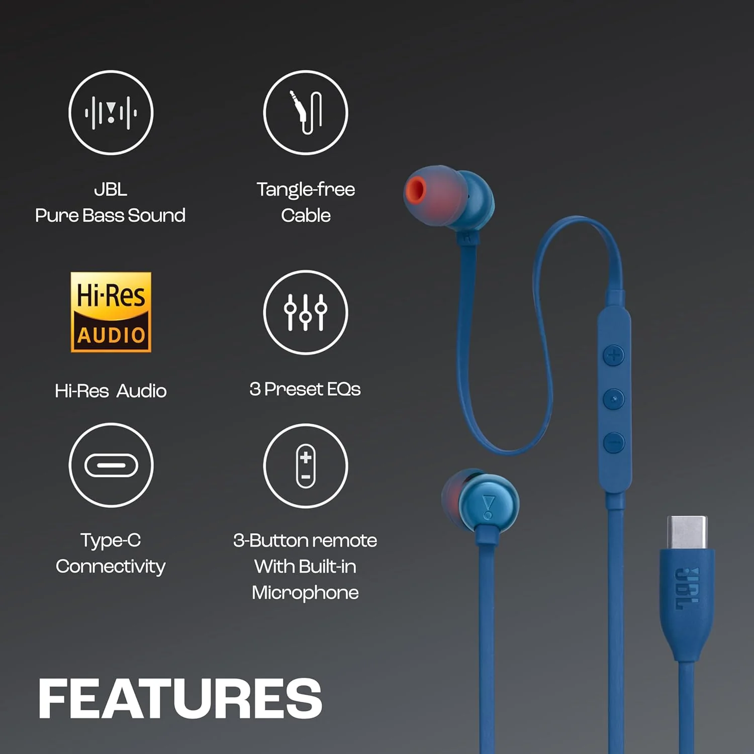 JBL Tune 310 Wired in Ear Type C Headphones, Hi-Res Audio with Digital-to-Analog Converter, 3-Button EQ Preset Remote with Microphone, Tangle-Free Flat Cable, Compatible with USB-C Devices (Blue) - Image 2