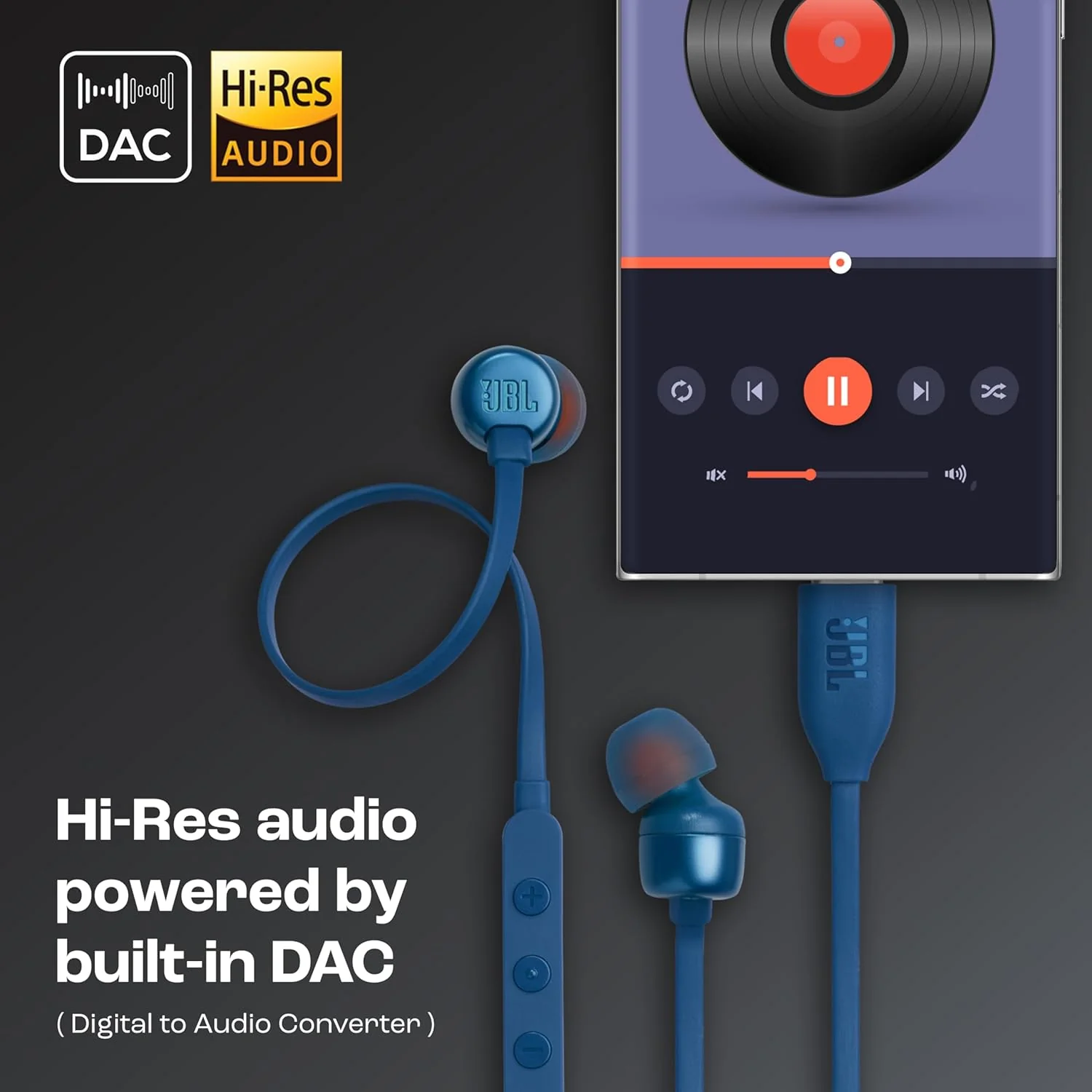 JBL Tune 310 Wired in Ear Type C Headphones, Hi-Res Audio with Digital-to-Analog Converter, 3-Button EQ Preset Remote with Microphone, Tangle-Free Flat Cable, Compatible with USB-C Devices (Blue) - Image 3