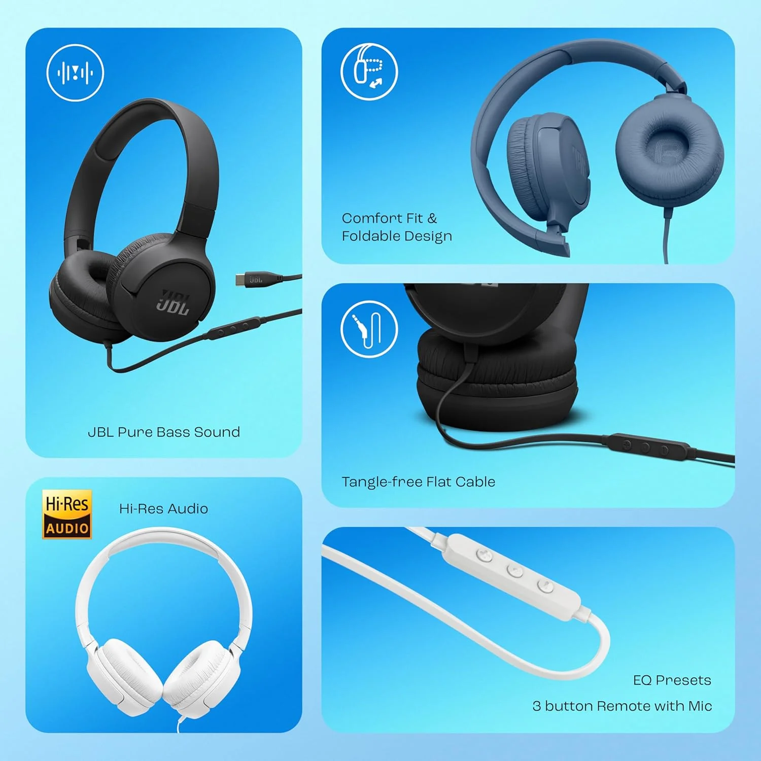 JBL Tune 520C On Ear Type C Wired Headphone, Pure Bass Sound,3-Button Remote with Microphone,Comfort Fit and Foldable Design(Blue) - Image 2
