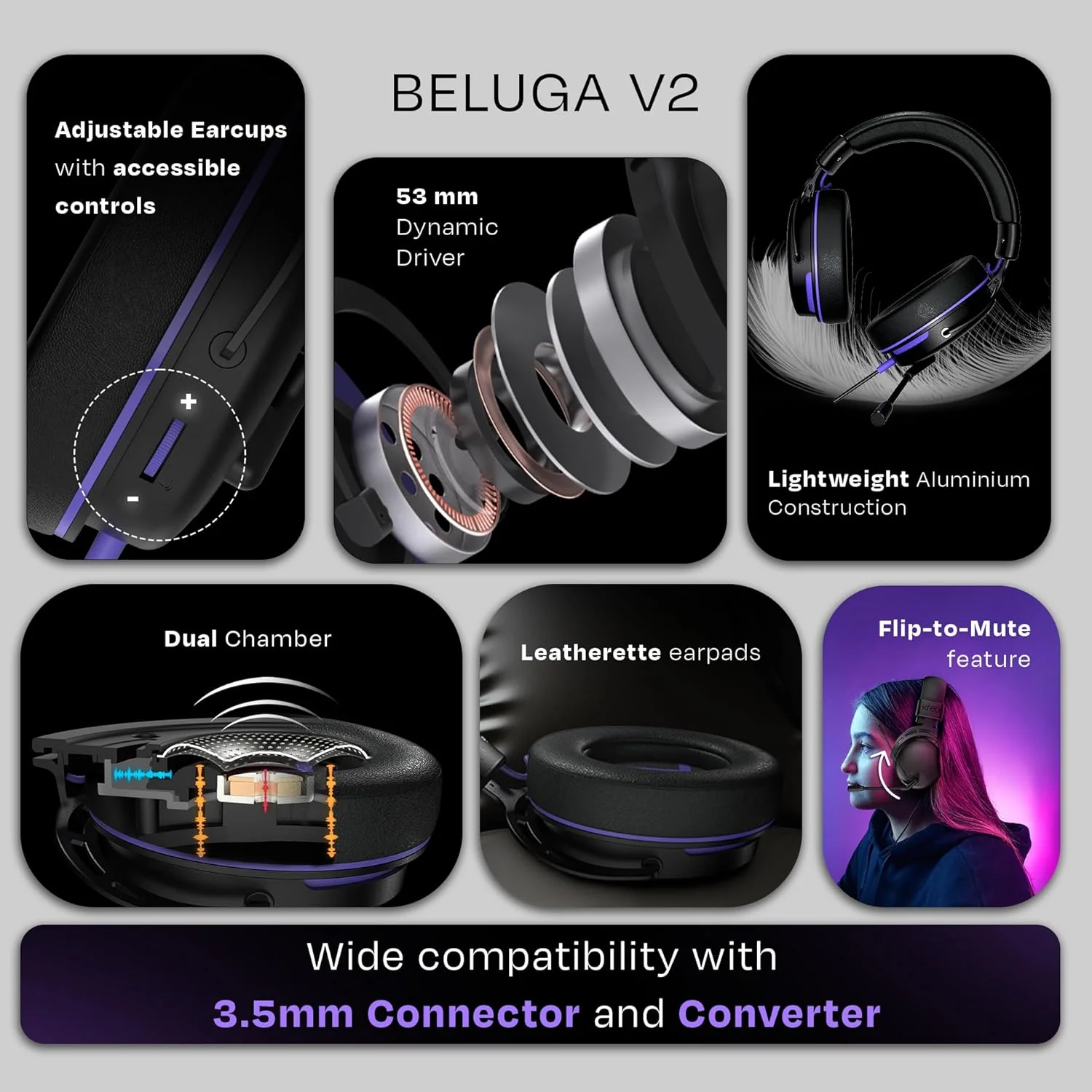 Kreo Beluga V2 Wired Gaming Headphone with Flip to Mute Mic, 50mm Oraphene Drivers, 3.5mm Jack, Memory Foam Earpads, Lightweight Aluminum Build and Compatible with PC, PlayStation, Mobile - Image 2