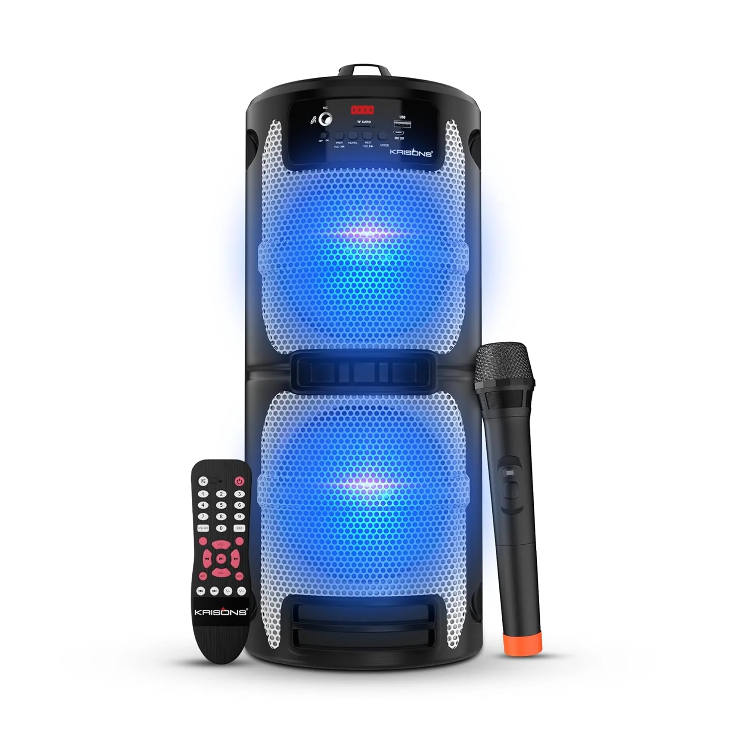 Krisons Cylender 222-50W Portable Speaker with 6" Double Woofers,Free Wireless Mic for Karaoke, RGB Lights, Remote Control with Bluetooth, FM, USB, Micro SD Card Connectivity