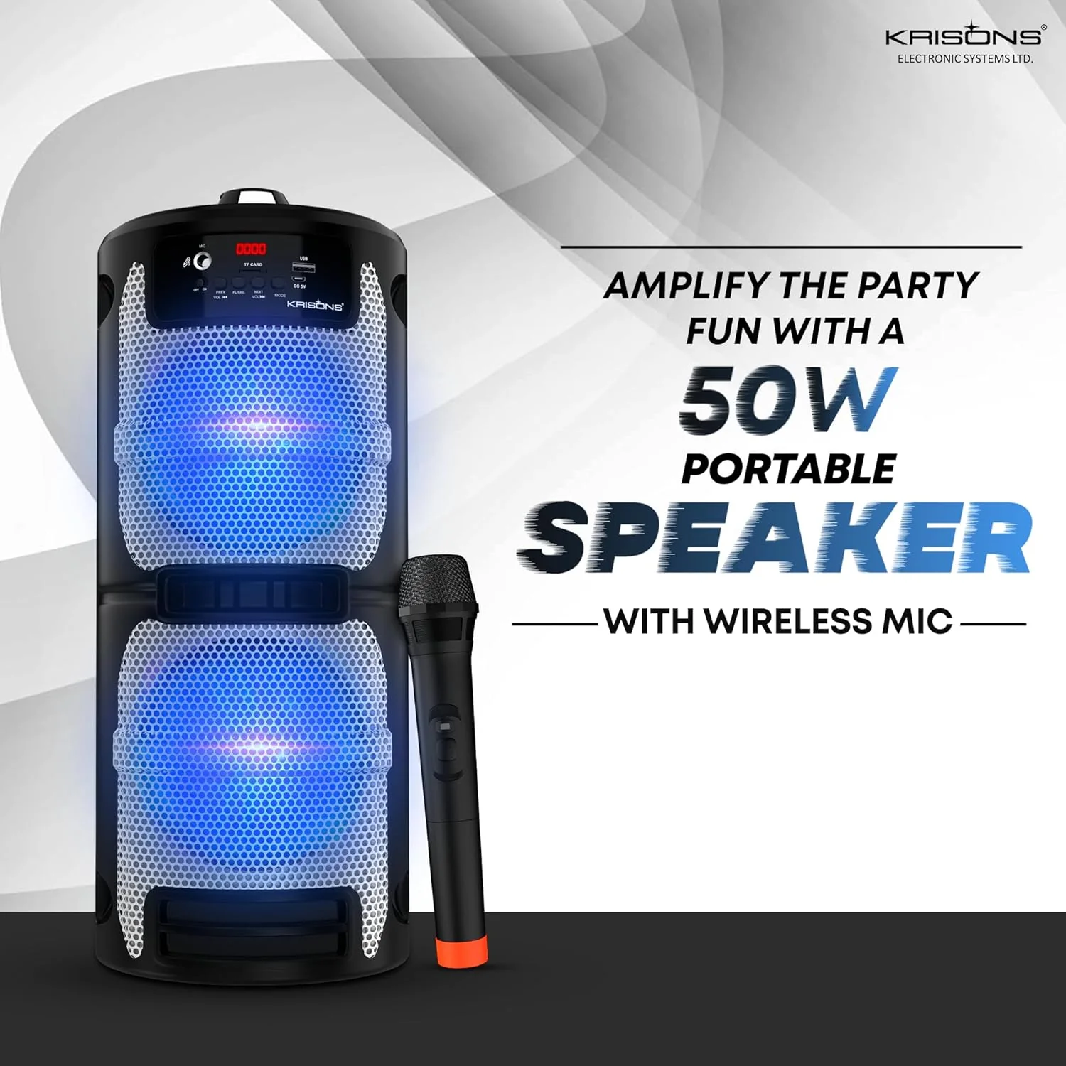 Krisons Cylender 222-50W Portable Speaker with 6" Double Woofers,Free Wireless Mic for Karaoke, RGB Lights, Remote Control with Bluetooth, FM, USB, Micro SD Card Connectivity - Image 2