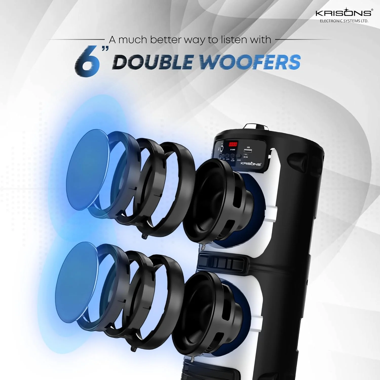 Krisons Cylender 222-50W Portable Speaker with 6" Double Woofers,Free Wireless Mic for Karaoke, RGB Lights, Remote Control with Bluetooth, FM, USB, Micro SD Card Connectivity - Image 3