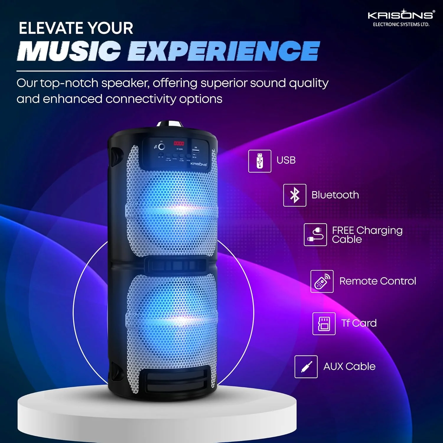 Krisons Cylender 222-50W Portable Speaker with 6" Double Woofers,Free Wireless Mic for Karaoke, RGB Lights, Remote Control with Bluetooth, FM, USB, Micro SD Card Connectivity - Image 4