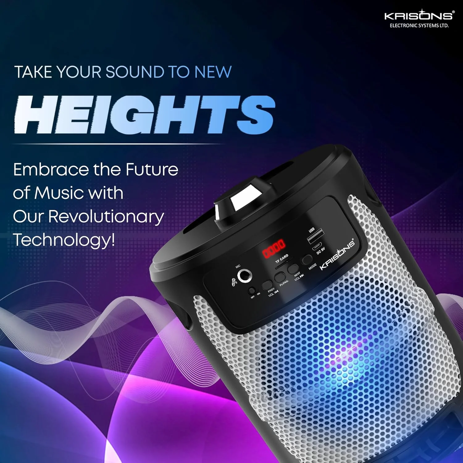 Krisons Cylender 222-50W Portable Speaker with 6" Double Woofers,Free Wireless Mic for Karaoke, RGB Lights, Remote Control with Bluetooth, FM, USB, Micro SD Card Connectivity - Image 6