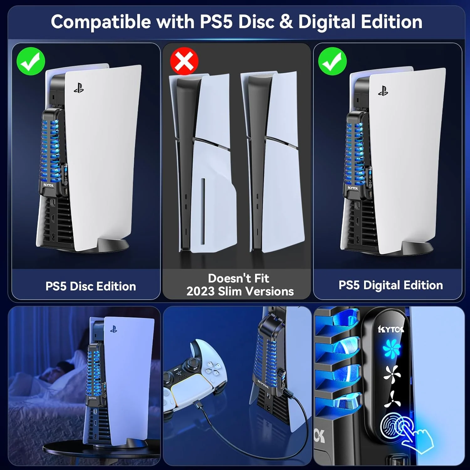 Kytok PS5 Gaming PC Cooling Fan with 3 Adjustable Fans, Quiet PS5 Fan Upgraded with 9 Blades and Extra USB HUB, PS5 Cooler with Touch Screen Compatible with Playstation 5 Digital & Disc Edition - Image 2