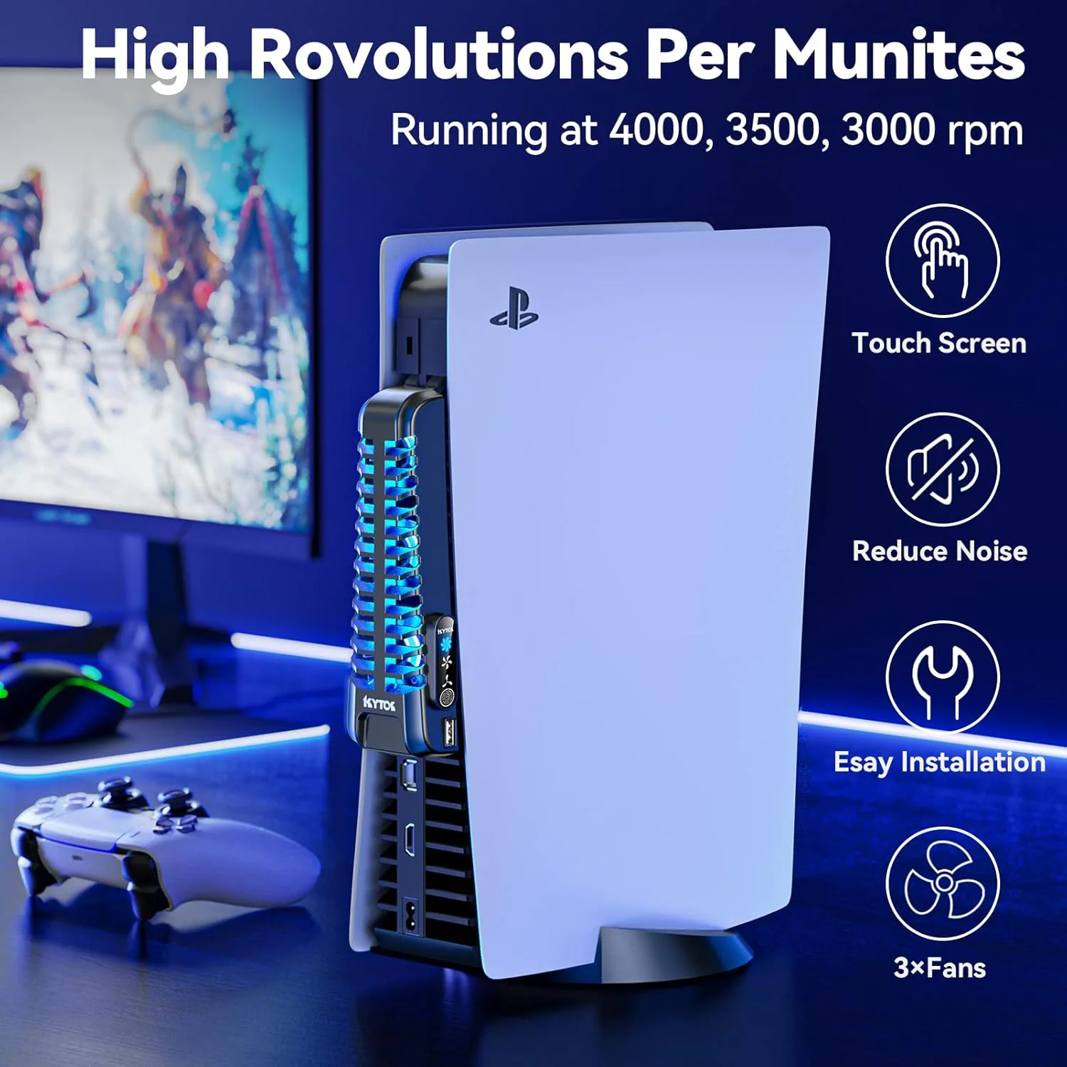 Kytok PS5 Gaming PC Cooling Fan with 3 Adjustable Fans, Quiet PS5 Fan Upgraded with 9 Blades and Extra USB HUB, PS5 Cooler with Touch Screen Compatible with Playstation 5 Digital & Disc Edition - Image 3
