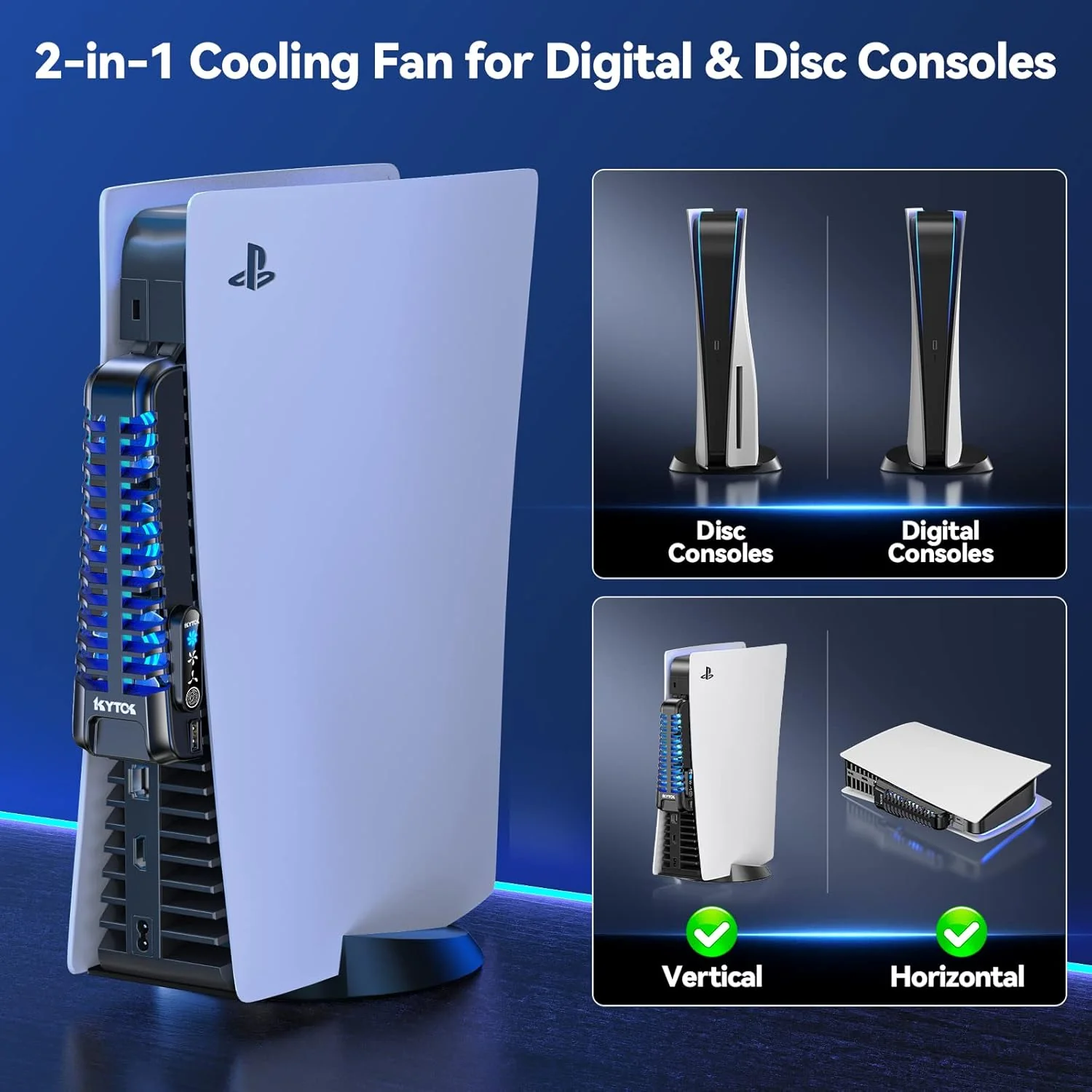 Kytok PS5 Gaming PC Cooling Fan with 3 Adjustable Fans, Quiet PS5 Fan Upgraded with 9 Blades and Extra USB HUB, PS5 Cooler with Touch Screen Compatible with Playstation 5 Digital & Disc Edition - Image 4