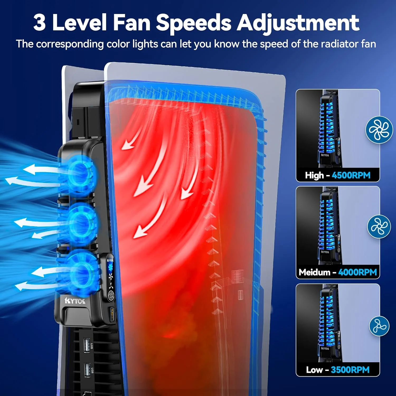 Kytok PS5 Gaming PC Cooling Fan with 3 Adjustable Fans, Quiet PS5 Fan Upgraded with 9 Blades and Extra USB HUB, PS5 Cooler with Touch Screen Compatible with Playstation 5 Digital & Disc Edition - Image 5