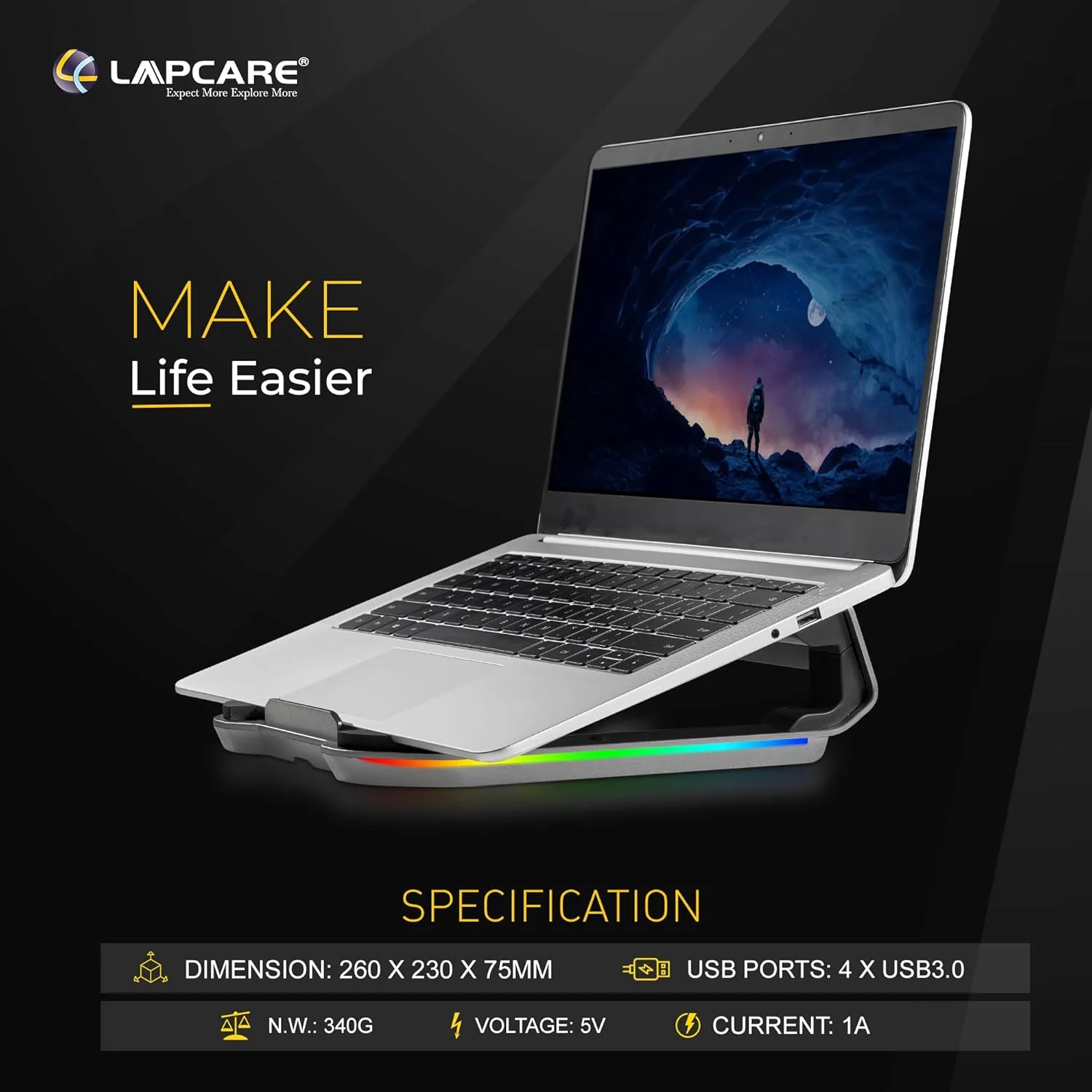 LAPCARE Legend Aluminium Alloy Tabletop RGB Laptop Stand, Space Grey - Image 3
