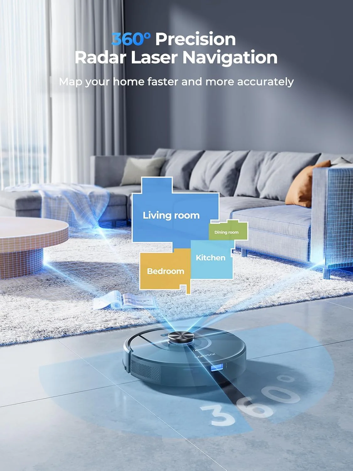Laresar Robot Vacuum Cleaner with Mop, Ultra Strong 5000Pa Robotic Vacuum with Lidar Navigation, 3 in 1 Robot Hoover for Pet Hair,Dust, 5 Real-Time Mapping, App Control, Alexa (Mars01) - Image 3