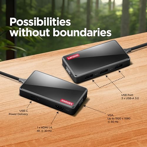 Lenovo 100 USB-C Travel Dock (Charging Host Upto 100W | 3xUSB-A 3.0 | 1 x HDMI 1.4, 4K @ 30 Hz |1 x Video Output| 1 x VGA, Up to 1920 x 1080 @ 60 Hz | 1 Year Warranty | Black), GX91M73945 - Image 4