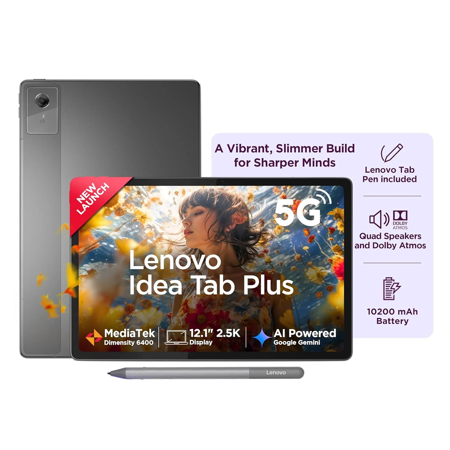 Lenovo Idea Tab Plus with Pen |Wifi +5G |12.1" 2.5K Display, 800nits Peak Brightness |8GB RAM + 256GB ROM (Expandable upto 2TB)| MediaTek Dimensity 6400| 10200mAh|4 Speakers with Dolby Atmos|Luna Grey