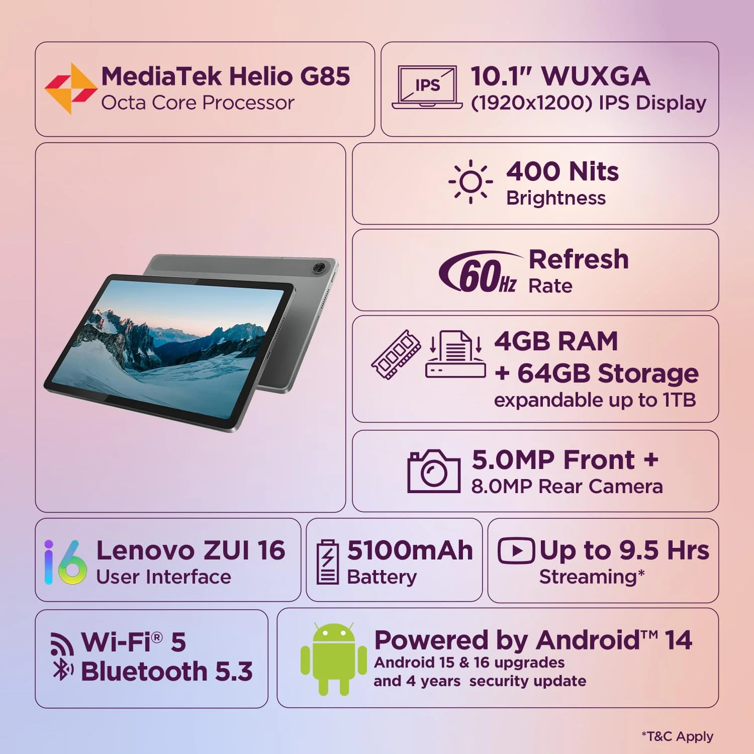 Lenovo Tab | 10.1" Display | Wi-Fi Only | 4 GB RAM + 64 GB ROM (Expandable up to 1 TB) | Metal Body | Dual Speakers with Dolby Atmos | Android 14 | Color: Luna Grey - Image 2