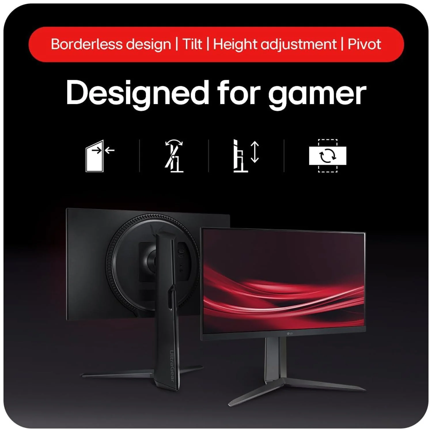 LG Ultragear 24GS65F IPS Full HD Gaming Monitor, 24 Inch, 1920 X 1080, 1ms, 180Hz, HDR 10, NVIDIA G-Sync Compatible, AMD FreeSync, Height/Pivot/Tilt Adjustable Stand, Borderless Design, DP, HDMI - Image 4