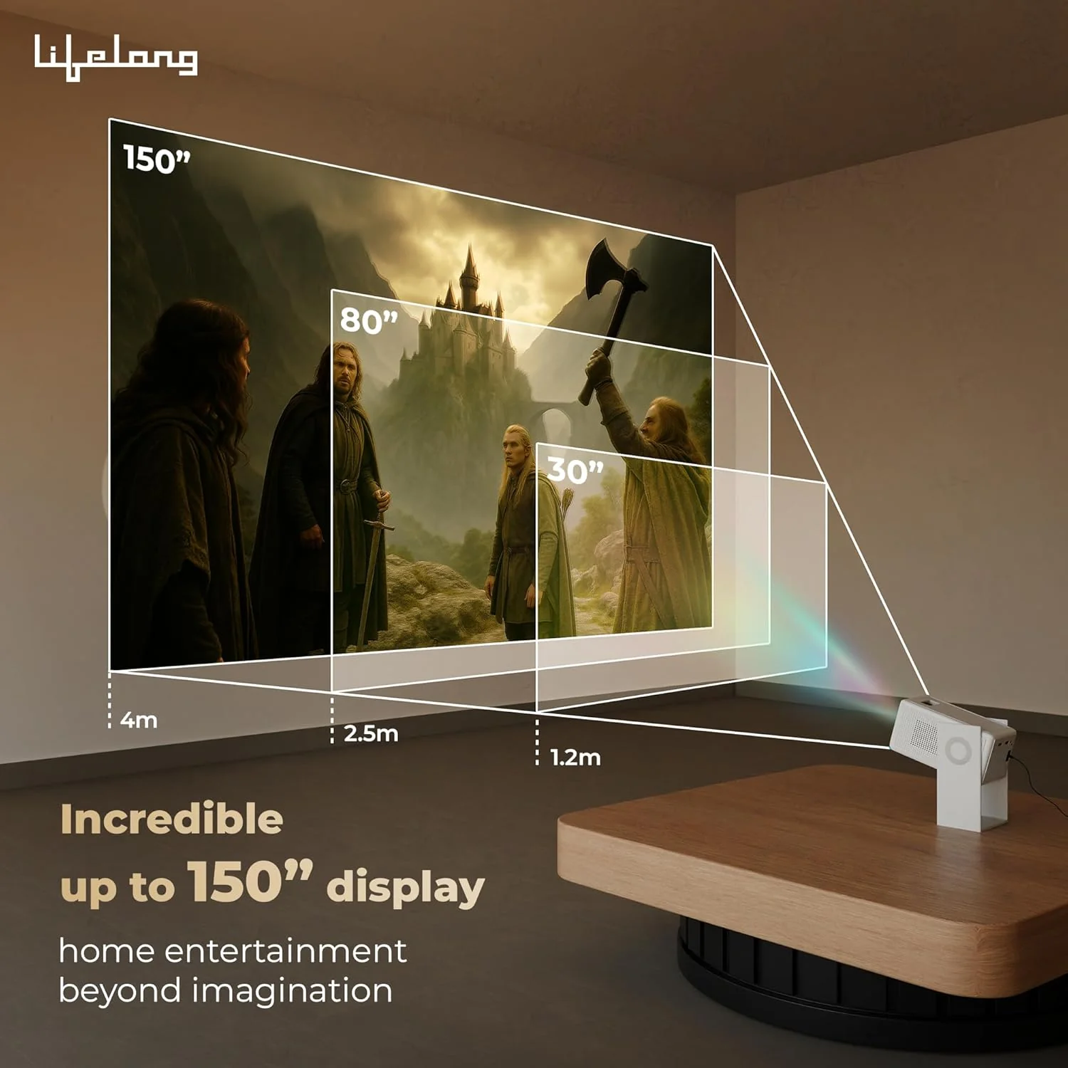 Lifelong Electronics Lightbeam 2 Pro Smart Projector | Android, 1080P HD Native & 4K Ultra HD Support, 4000 Lumens | for Room & Outdoors | All OTT Apps | WiFi/BT, Mirroring, USB, HDMI, 180°, Speakers - Image 4