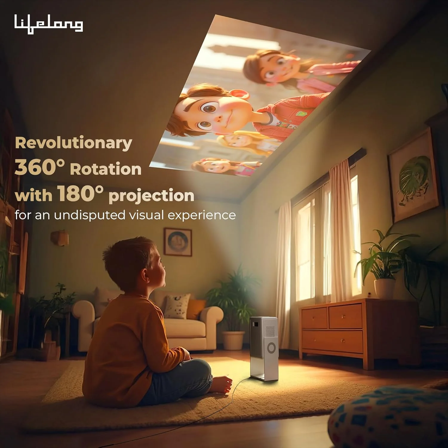 Lifelong Electronics Lightbeam 2 Pro Smart Projector | Android, 1080P HD Native & 4K Ultra HD Support, 4000 Lumens | for Room & Outdoors | All OTT Apps | WiFi/BT, Mirroring, USB, HDMI, 180°, Speakers - Image 6