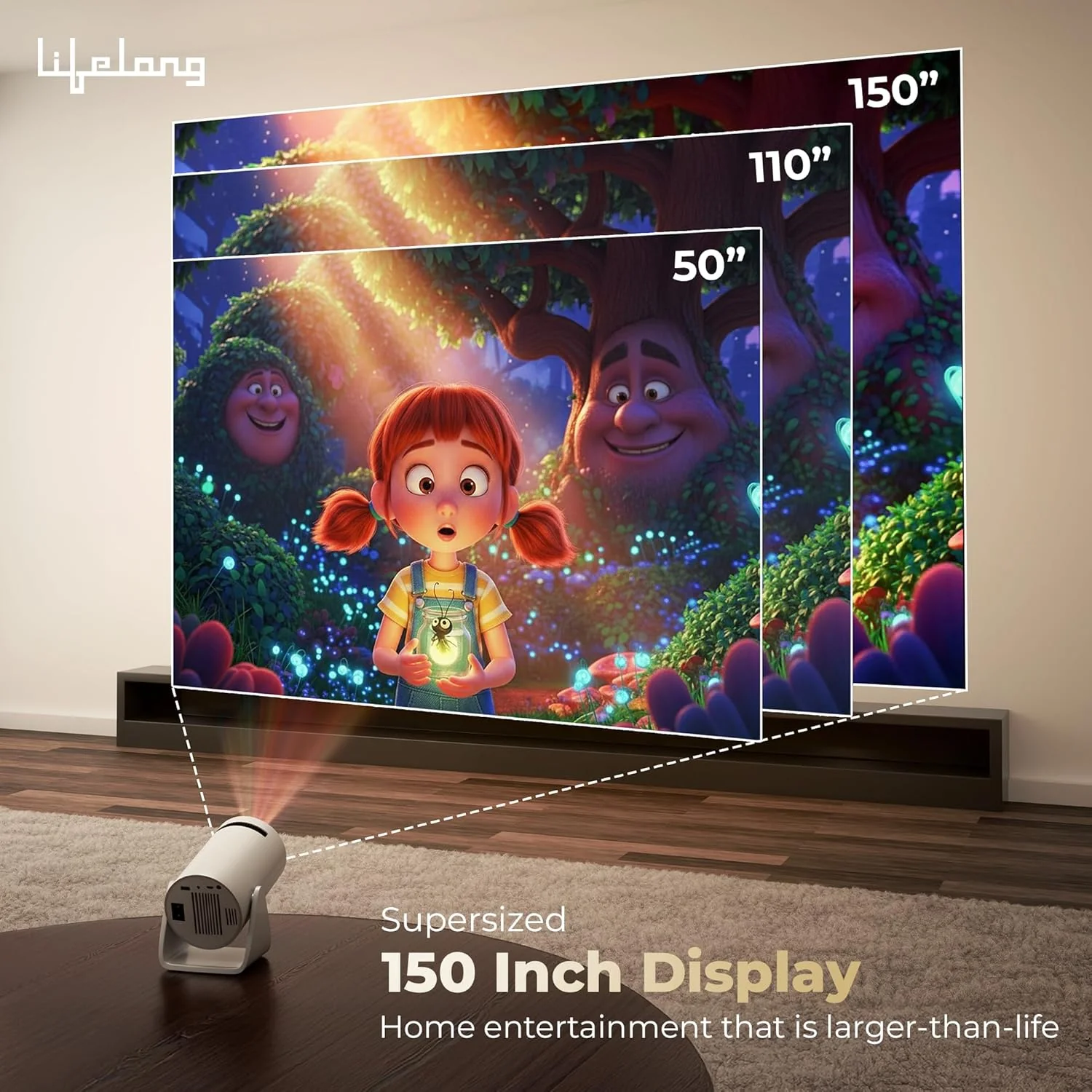 Lifelong Electronics Lightbeam Smart Projector | Android, 1080P& 4K Ultra Support, 3000 Lumens, 720p Native | for Room & Outdoors | All OTT Apps | WiFi/BT, Mirroring, USB, HDMI, 180°, Speakers - Image 4