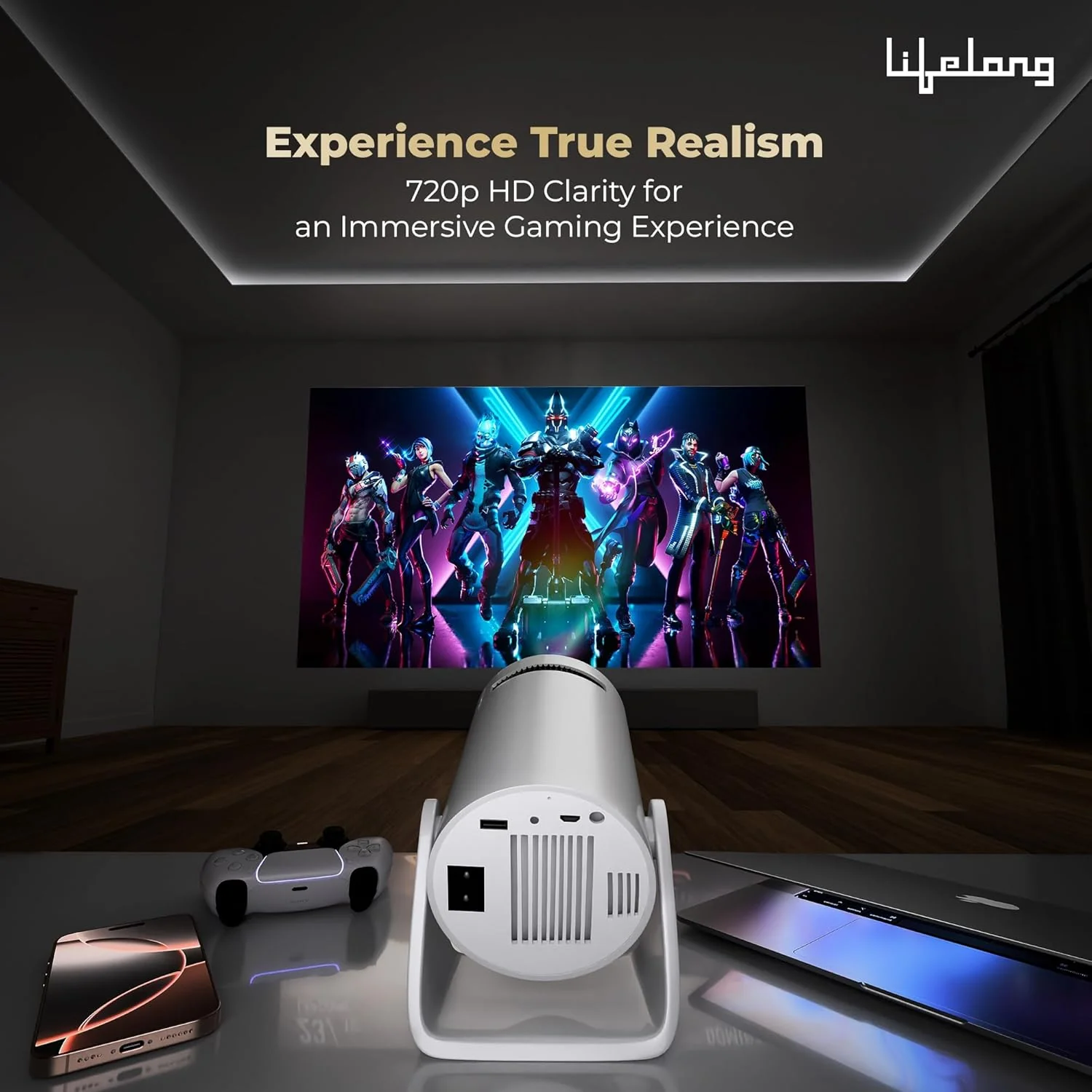 Lifelong Electronics Lightbeam Smart Projector | Android, 1080P& 4K Ultra Support, 3000 Lumens, 720p Native | for Room & Outdoors | All OTT Apps | WiFi/BT, Mirroring, USB, HDMI, 180°, Speakers - Image 9