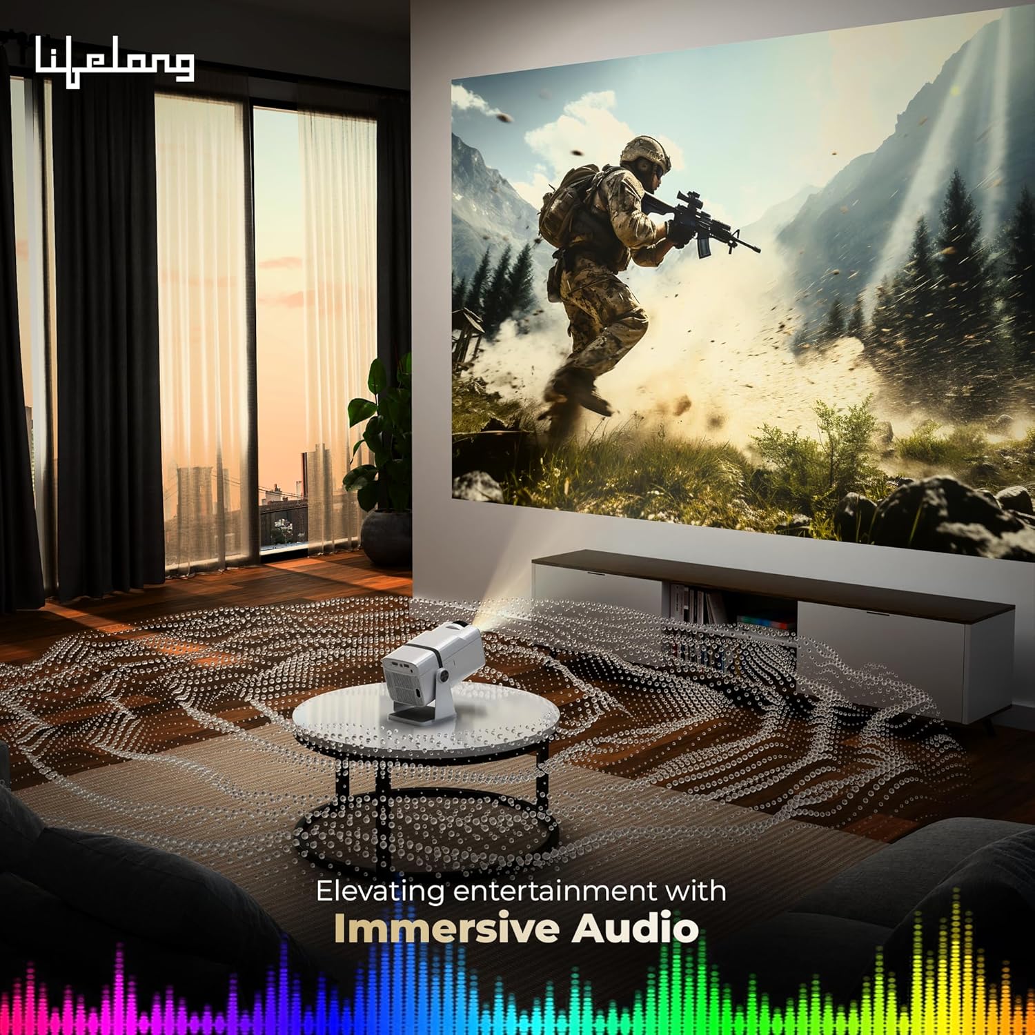 Lifelong Electronics Lightbeam X Smart Projector | Android, 1080P & 4K Ultra HD Support, 2X 3500 Lumens, 720p Native | For Room & Outdoors | All OTT Apps | WiFi/BT,Mirroring,USB,ARC,HDMI,180°,Speakers - Image 5