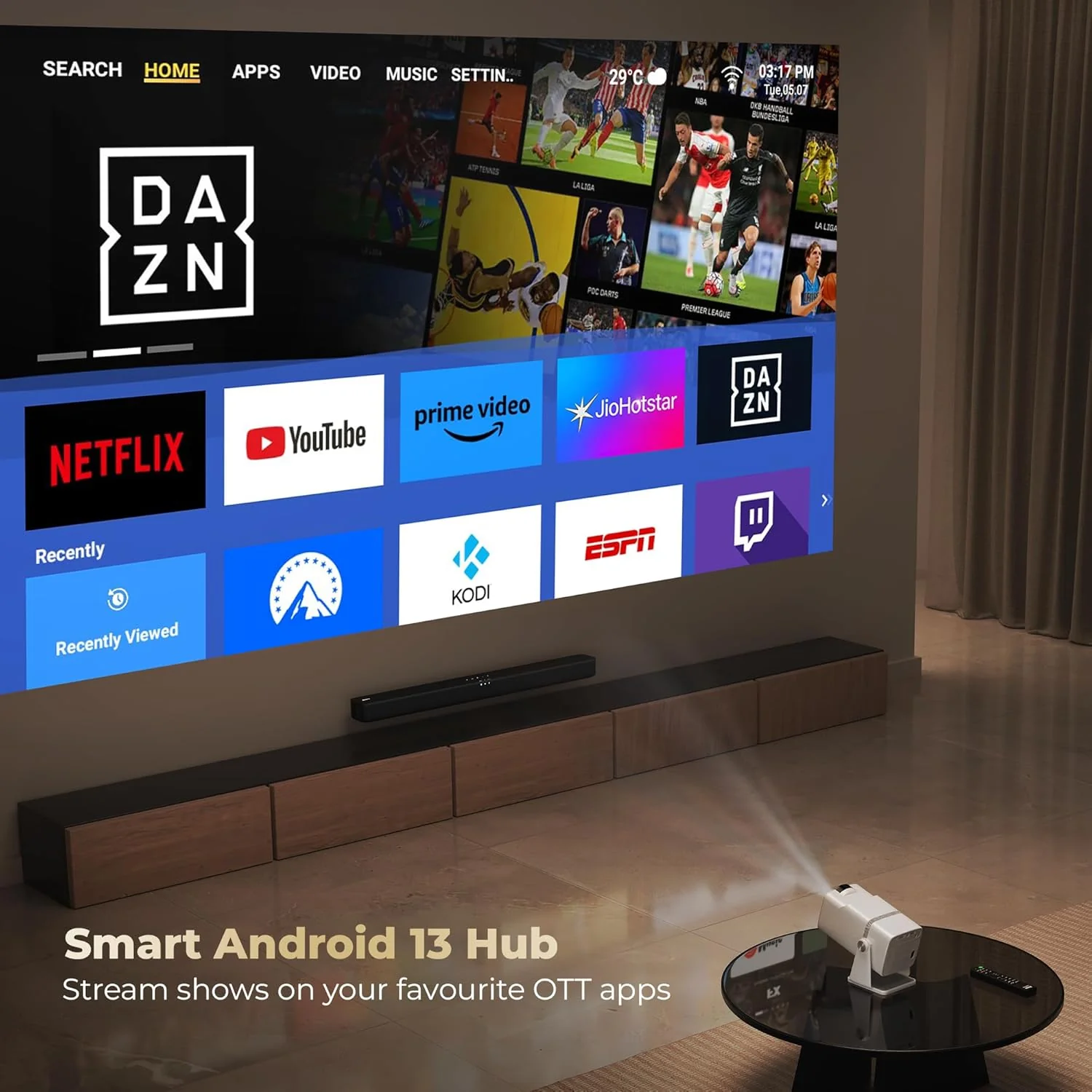 Lifelong Electronics Lightbeam X Smart Projector | Android, 1080P & 4K Ultra HD Support, 2X 3500 Lumens, 720p Native | For Room & Outdoors | All OTT Apps | WiFi/BT,Mirroring,USB,ARC,HDMI,180°,Speakers - Image 8