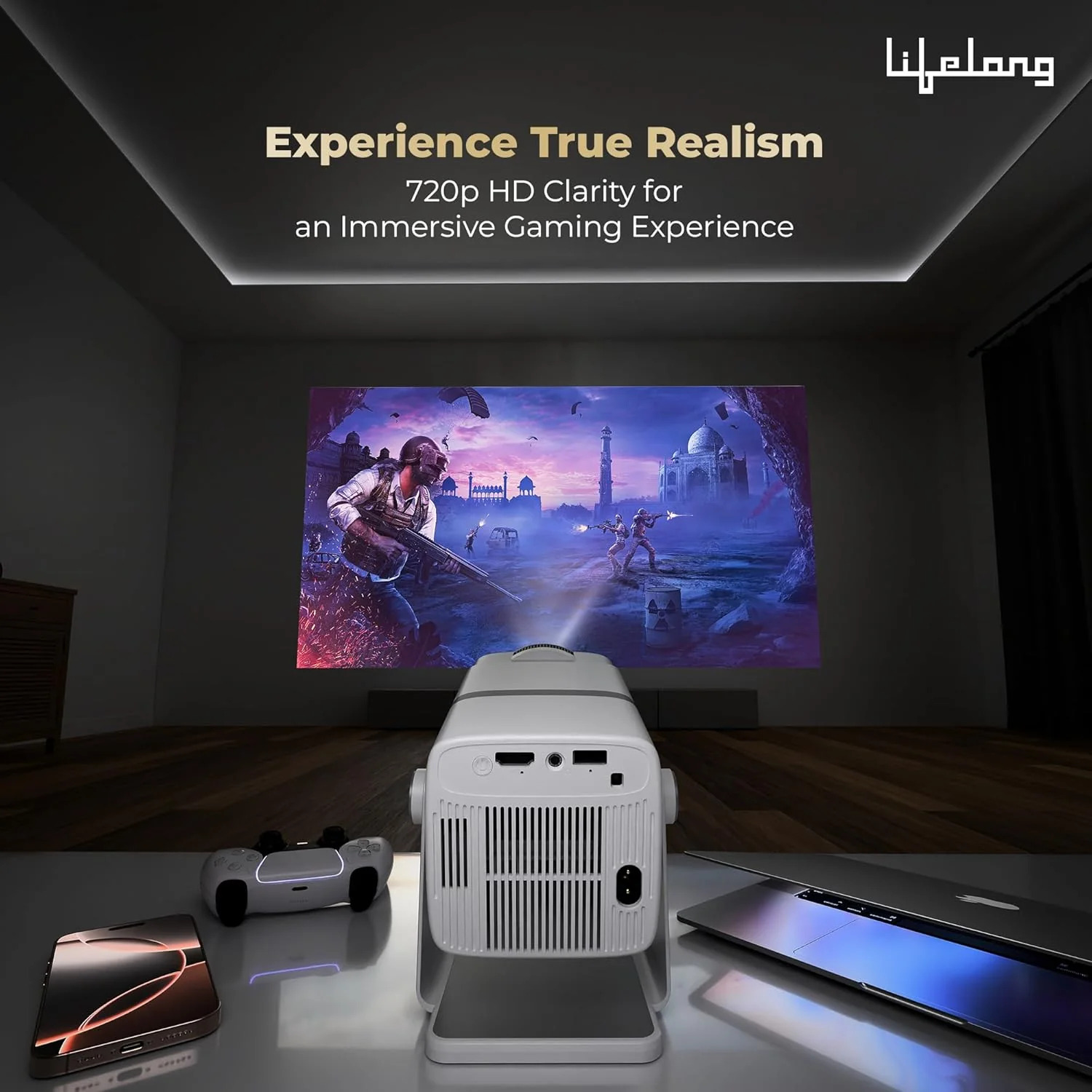 Lifelong Electronics Lightbeam X Smart Projector | Android, 1080P & 4K Ultra HD Support, 2X 3500 Lumens, 720p Native | For Room & Outdoors | All OTT Apps | WiFi/BT,Mirroring,USB,ARC,HDMI,180°,Speakers - Image 9